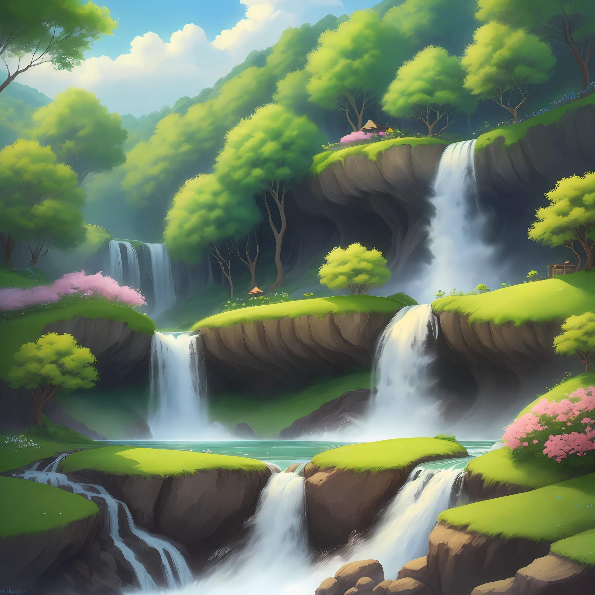 so cute smalles village water trees cloud butterfly flowers rolling waterfall
