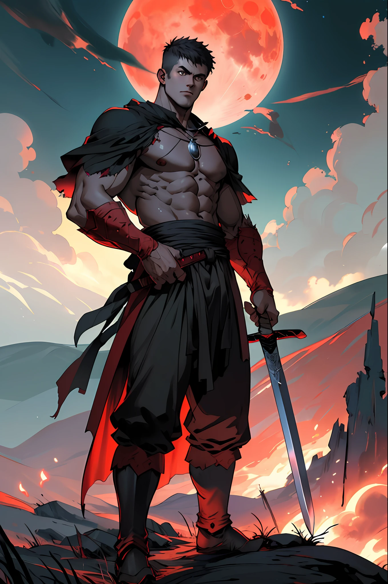 Draw a man on the hill with big sword in his back, berserk reference, details artwork, 8k, masterpiece, art station, under the red moon, full landscape shows, masculinity,