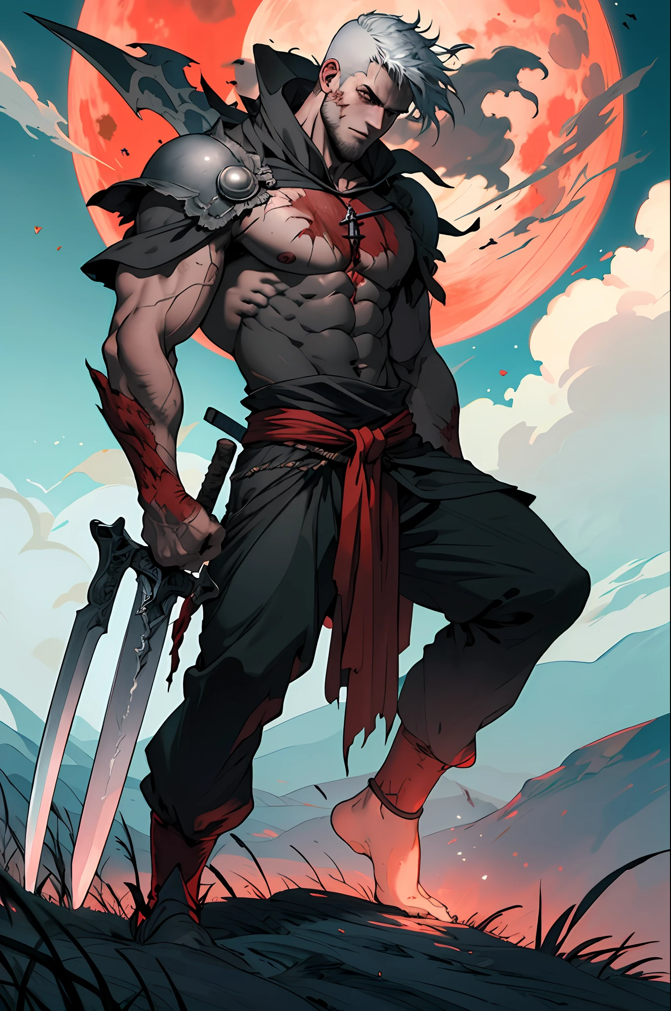 Draw a man on the hill with big sword in his back, berserk reference, details artwork, 8k, masterpiece, art station, under the red moon, full landscape shows, masculinity, scars on body, full body shot, death, ghost