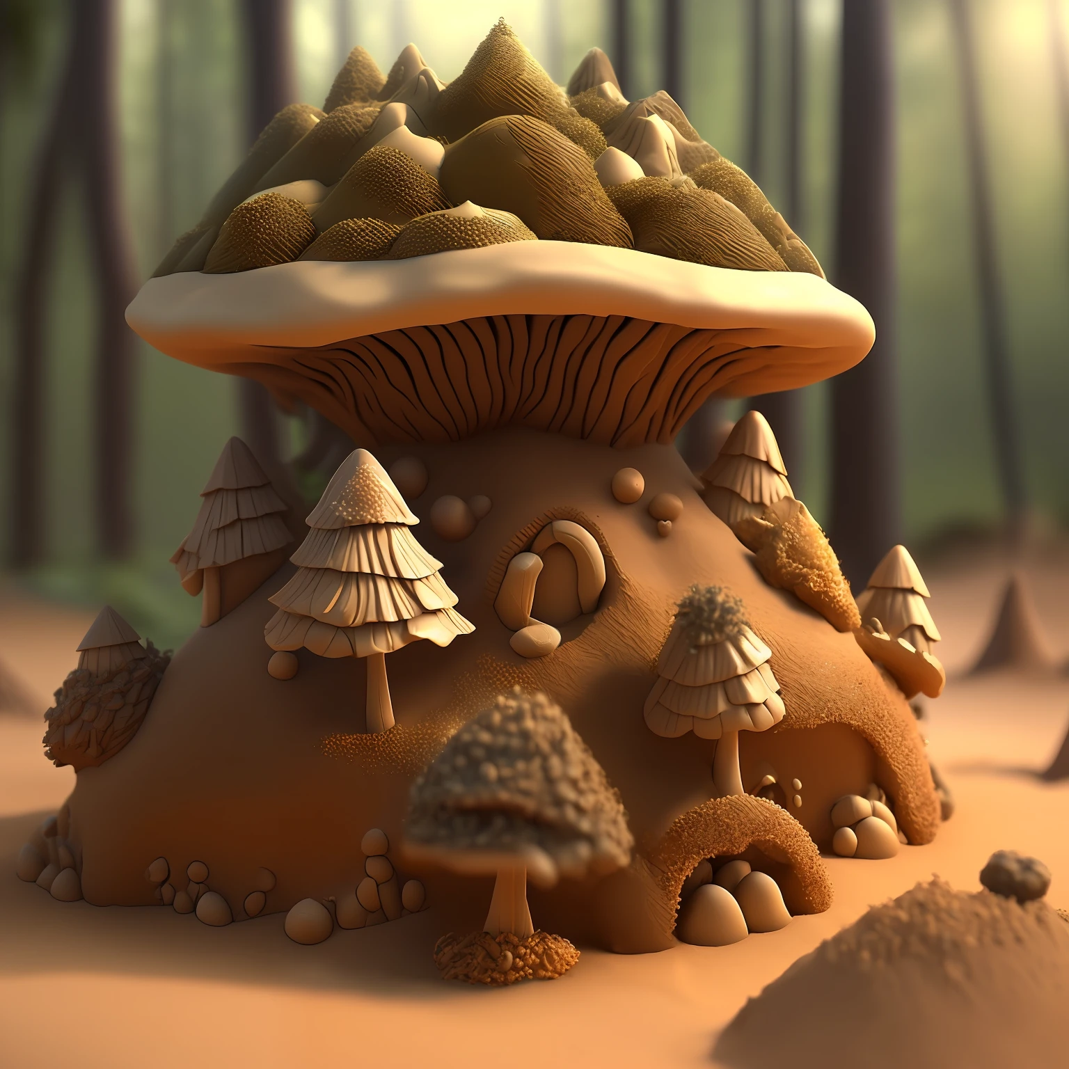 An 3D anthill made of sands and big toadstool , forest atmosphere