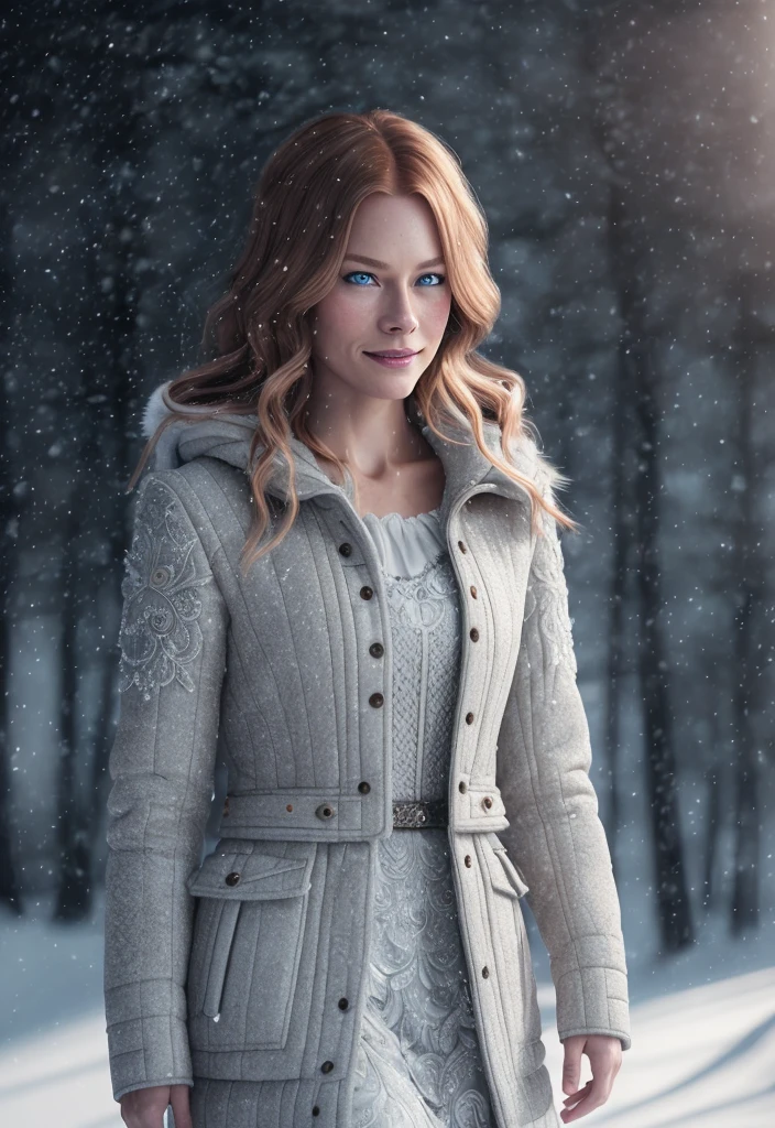 ultra hyper realistic award winning full body photo of a single Scandinavian female, ( Alyssa Sutherland : Jessalyn Gilsig) full body, 36 yo, beautiful face, posing, smile, long brown hazel hair, cinematic, fine details, 8k, dark shot, soft volumetric lights, backlit, cinematic, intricate details, ArtStation cell shading, digital art, bloom, dark and gloomy full body 8k unity render, female teen, short hair, wearing traditional winter clothing, , porcelain cracked skin, skin pores, detailed intricate iris, very dark lighting, heavy shadows, detailed, detailed face, (vibrant, dramatic, dark, sharp focus, 8k) walking on a icy landscape, snowing