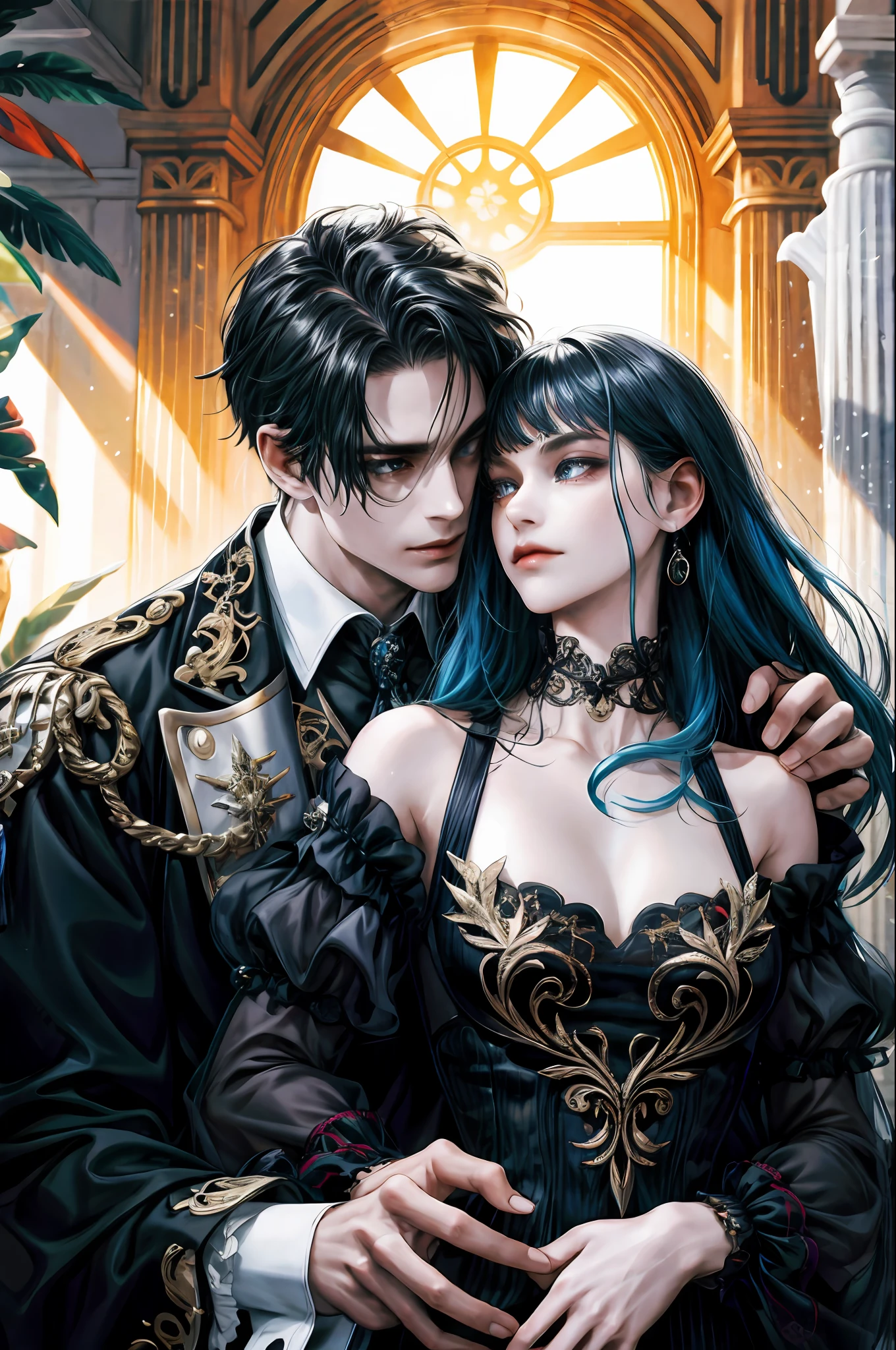 (absurd, high resolution, ultra-detailed), (one boy and one girl), two people, delicate face, rebellious, baroque, long sleeves, elegant, colorful, most detailed, upper body