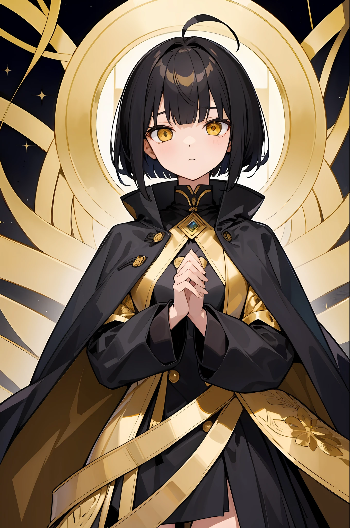 (masterpiece, best quality) detailed, 1girl, long shot, black and gold overcoat, cape, straight bangs, black straight short bob-cut hair, emotionless, cold, amber eyes, ahoge