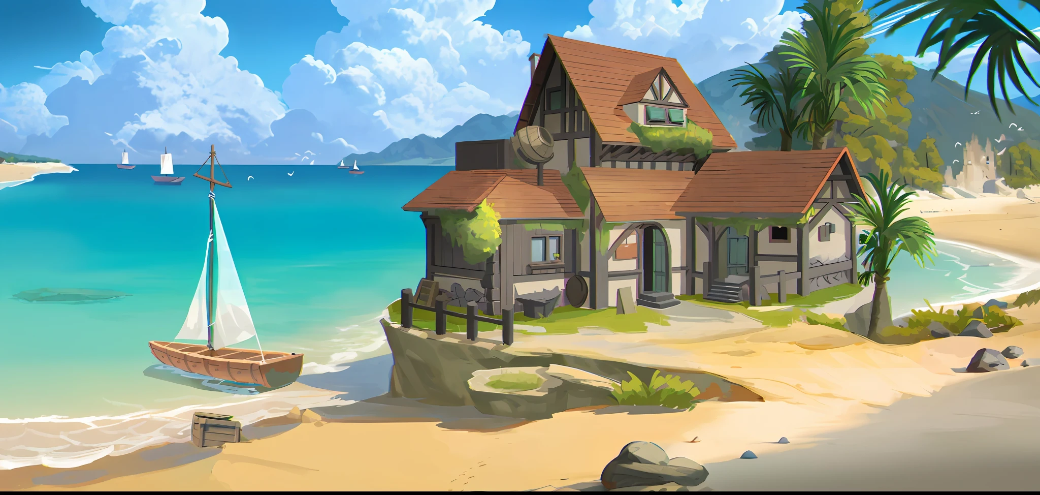 There is a small house with sailboat on the beach, stylized concept art, stylized game art, background art, background artwork, stylized digital illustration, 2D game environment design, painted as game concept art, island background, Hearthstone concept art, tavern background, stylized digital art, simple stylization, landscape game concept art, mobile game art, ((((masterpiece))), ((best quality)), Miyazaki Hayao Byou, pixel-perfect replica, novel cover, Highly detailed technology, the most beautiful images, movies, wallpapers of all time,