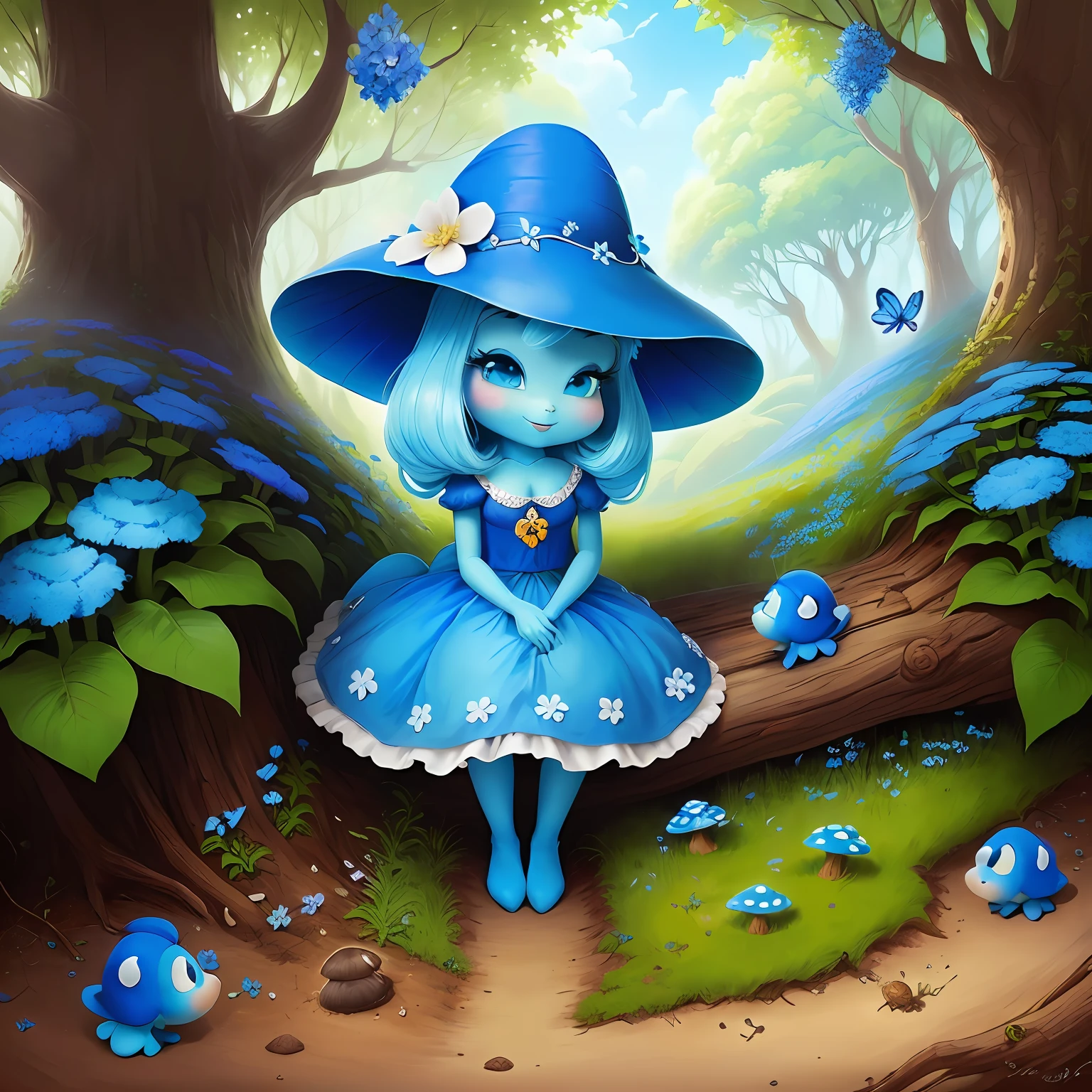 Smurfette anthill, blues flowers,mushroom,  cutte and  pretty butterfly , tree