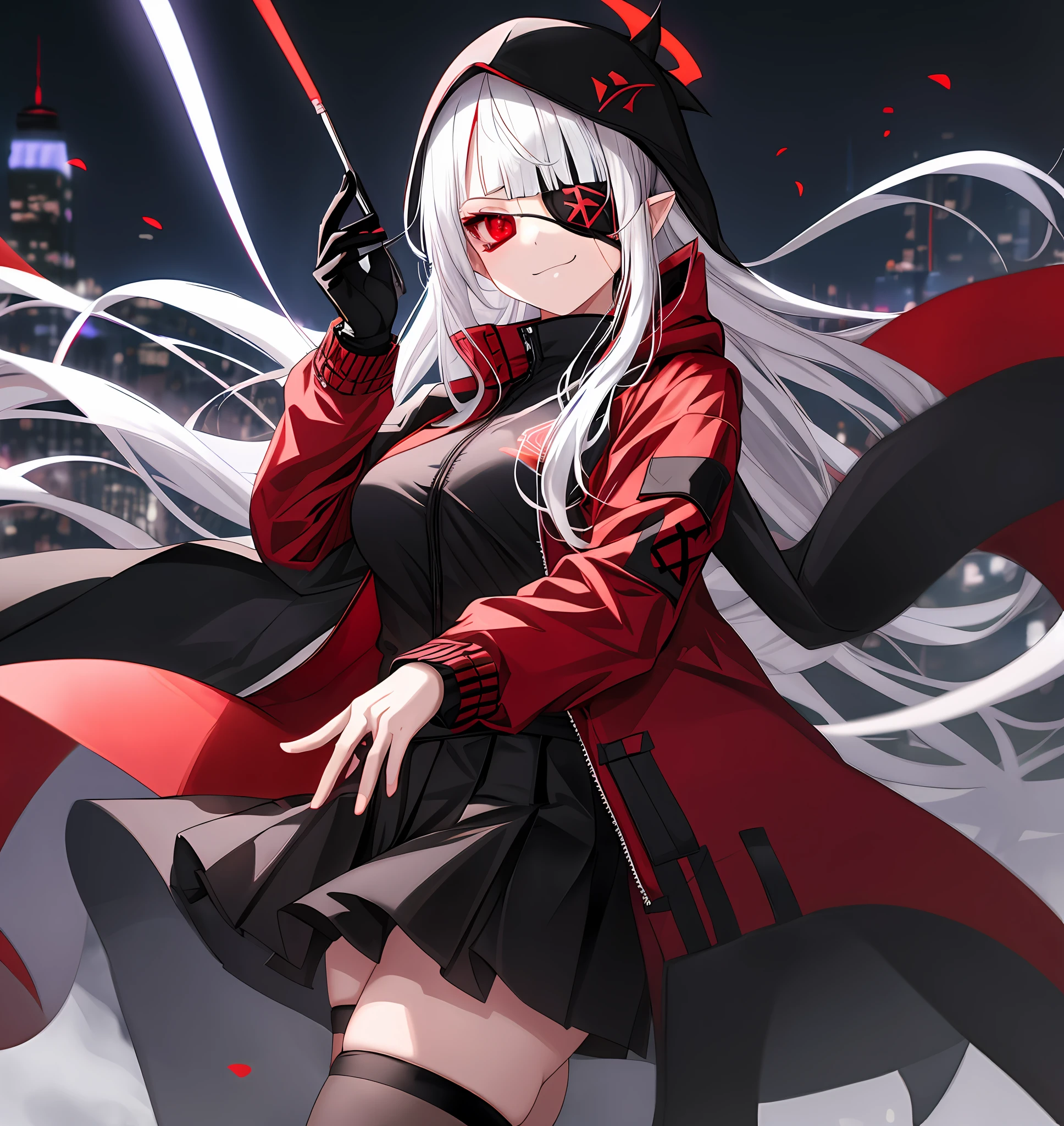 1girl, solo, anime girl with white hair and red windbreaker and a black eyepatch over her right eye, red jacket, red windbreaker, (((black eyepatch over right eye))), bangs, blunt bangs, vampire, frilled skirt, modern, modern outfit, jacket, hood down, pointy ears, looking at viewer, black eyepatch over right eye, smirk, amused expression, smug, thigh-highs, red eyes, red glowing eyes, anime, (((modern day))), UHD, best quality, new york city, night time, two arms, two legs