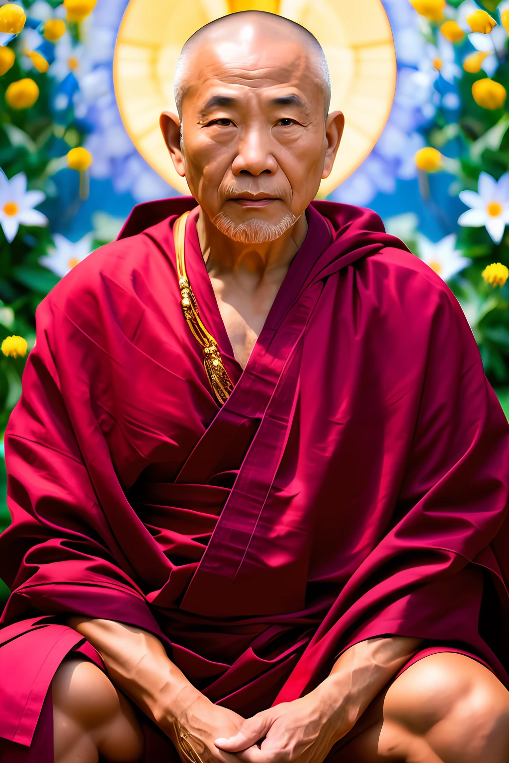 Muscular old Asian monk sits cross-legged in an patch of flowers with his eyes opens in deep meditation, wearing a hood and cape, his stoic expression remains unbroken, (extremely detailed CG), ((Realistic Shadows:1.2)), ((Realistic Lighting:1.1)), [Highest quality], (8K:1.1), ultra-detailed, ((perfect shadows)), best illumination, best shading, (masterpiece), (best quality:1.0), (ultra highres:1.0), well drawn body, (subject in focal point)