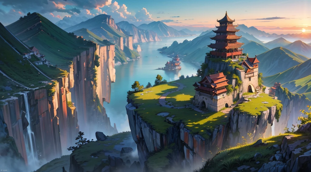(((8k, RAW photos, best quality, masterpiece: 1.4)))), super high resolution, super detail, illustration, medieval explorer, (man on the cliff: 1.2), ancient Chinese architecture village in the distance, landscape, distorted clouds, well-made sky, Chinese Tang dynasty, town landscape, imagination, outdoors, background only, (Aeria view: 1.2)