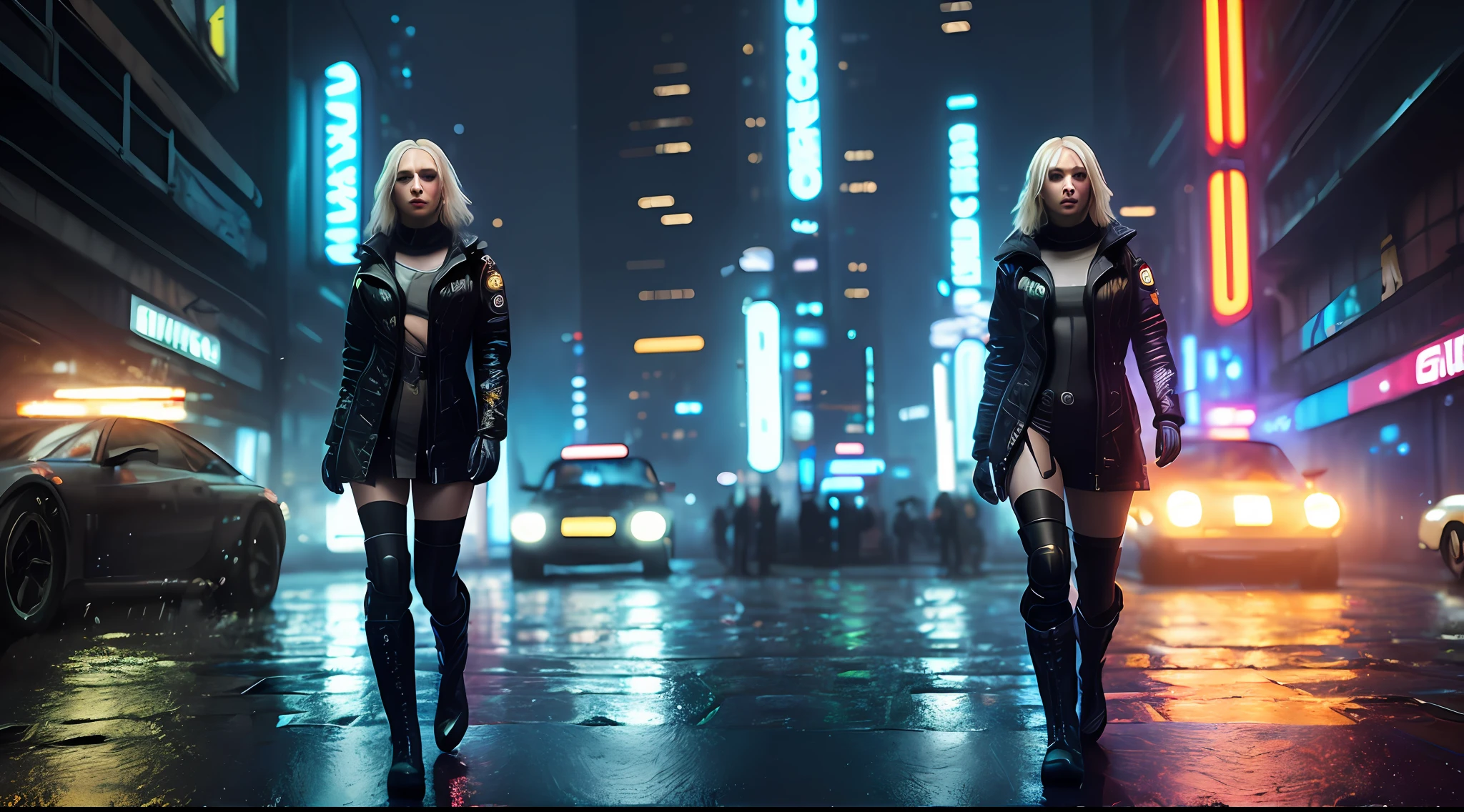 beautiful woman blade runner style, cmulher blonde, estlo blade runner, beautiful, beautiful face, illuminated scenery, whole body, boots, boots 15, small feet, beautiful body, magic eyes, rain, smoke, (neon lighting: 1.2), epic character composition, by ilya kuvshinov, alessio albi, nina masic, sharp focus, natural lighting, subsurface scattering, f2, 35mm, film grain,vibrant eyes,Portrait Art of Blade Runner 8K Ultra Realistic,  Lens Flare, Atmosphere, Brightness, Detailed, Intricate, Full of Color, Cinematic Lighting, Trend in ArtStation, 4K, Hyper-realistic, Focused, Extreme Details, Unreal Engine 5, Cinematic, Masterpiece, (the most beautiful portrait in the world: 1.5),