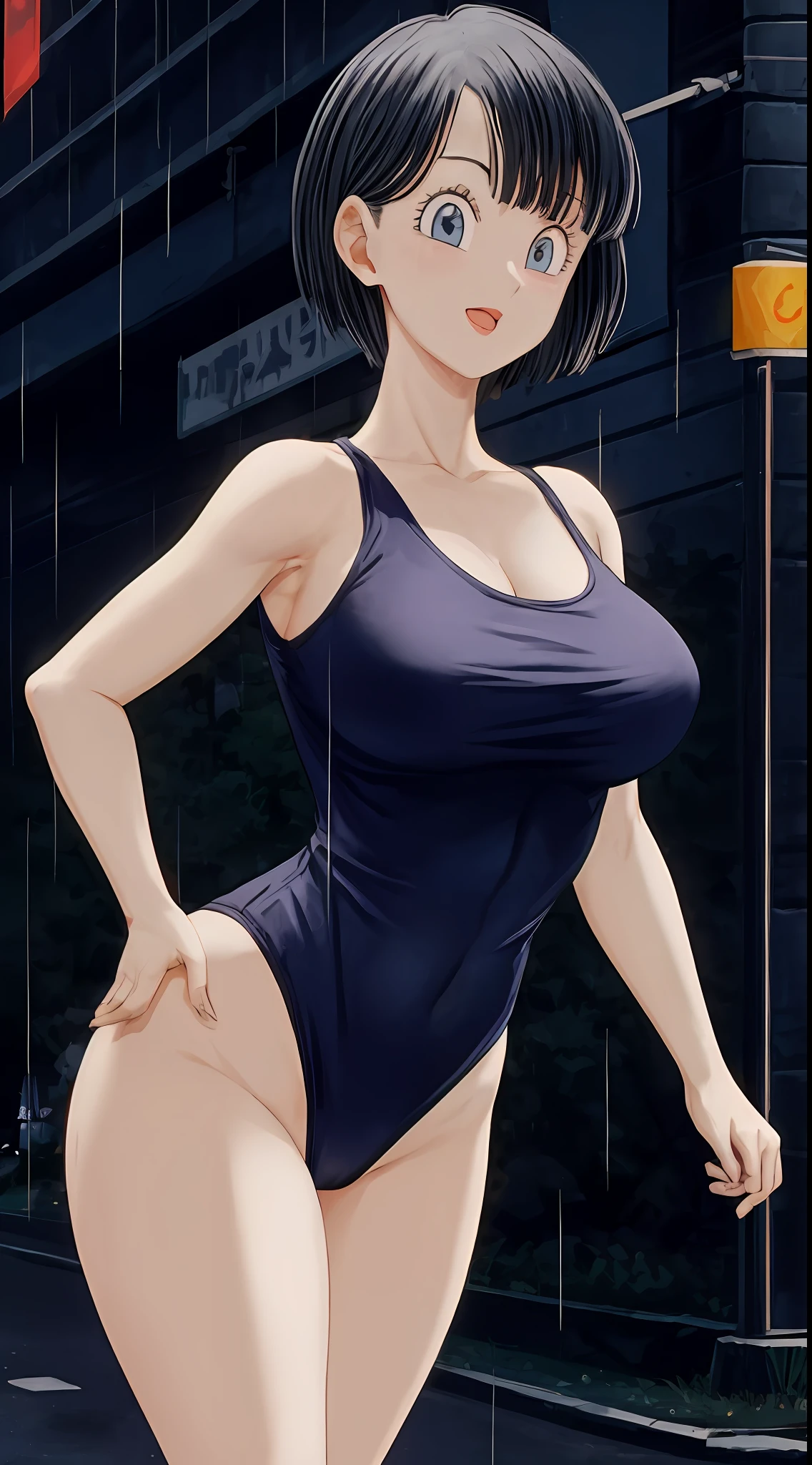 Bulma, Best Quality, (Beauty), Masterpiece, 1 female, physical rendering, thin waist, big eyes, (small breasts), swollen eyes, night, (Rain Castle), illuminated skin, facing the audience, determined expression, facing the camera, swimsuit, street background,