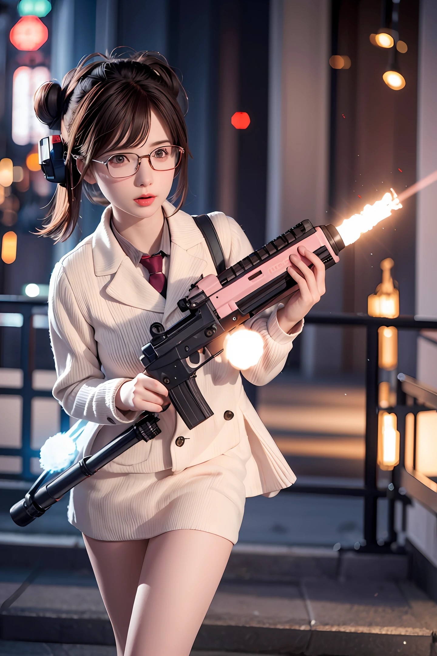 Hyperrealistic 3D. A ghostbuster gun. Rosy-coloured lights.