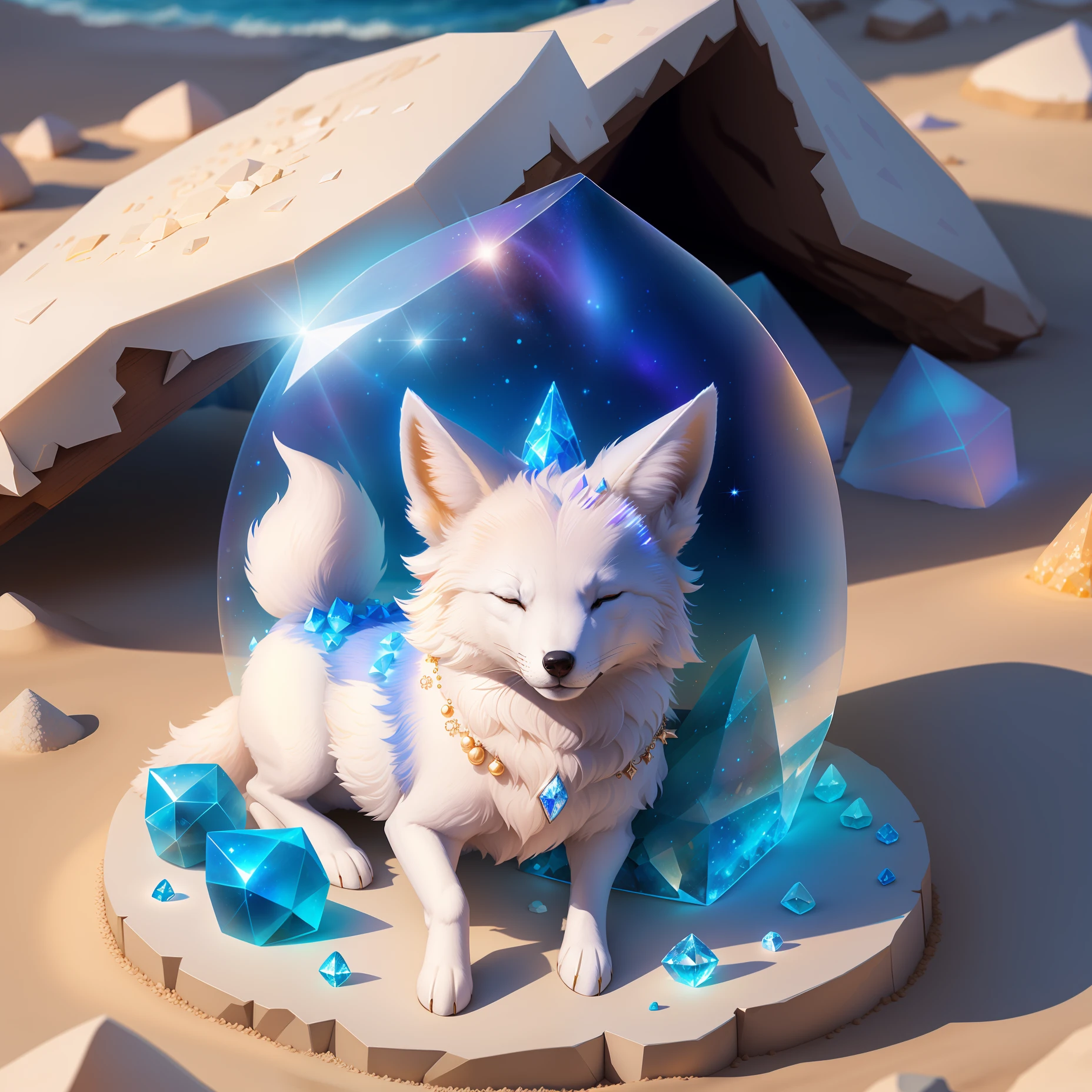 A white fox e of crystals and stones sleeps on a muroveynik around sand and sparks, all in white and blue colors. Realistic style, cute style. Detail the picture.
