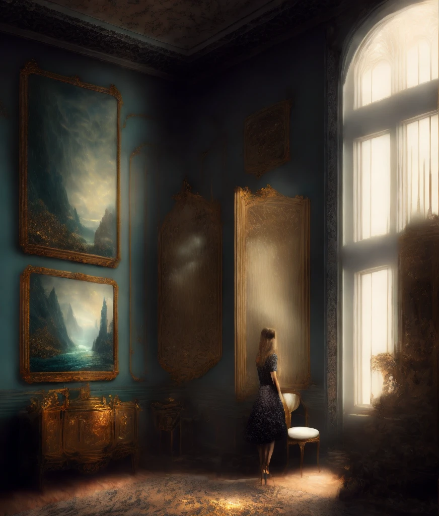 there is a picture of a woman that is in a room, intricate digital painting, in style of digital painting, haphazardly layered scenes, inspired by Anna Füssli, great digital art with details, surreal digital art, dark but detailed digital art, stunning digital art, in style of digital art, inspired by andrey ryabovichev