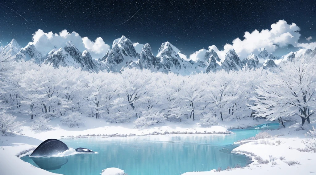Spring, [forest], snowy mountains in distance, (whale tail), snowy land, turquoise blue lake, mysterious, evening, soft light, romance, thin clouds, [plum blossoms: 0.5], stars, dramatic starry sky, award winning photography, Bokeh, Depth of Field, HDR, bloom, Chromatic Aberration ,Photorealistic, extremely detailed, trending on artstation, trending on CGsociety, Intricate, High Detail, dramatic, art by midjourney, masterpiece, best quality, high quality, extremely detailed CG unity 8k wallpaper, unreal engine render, realistic, Aesthetic