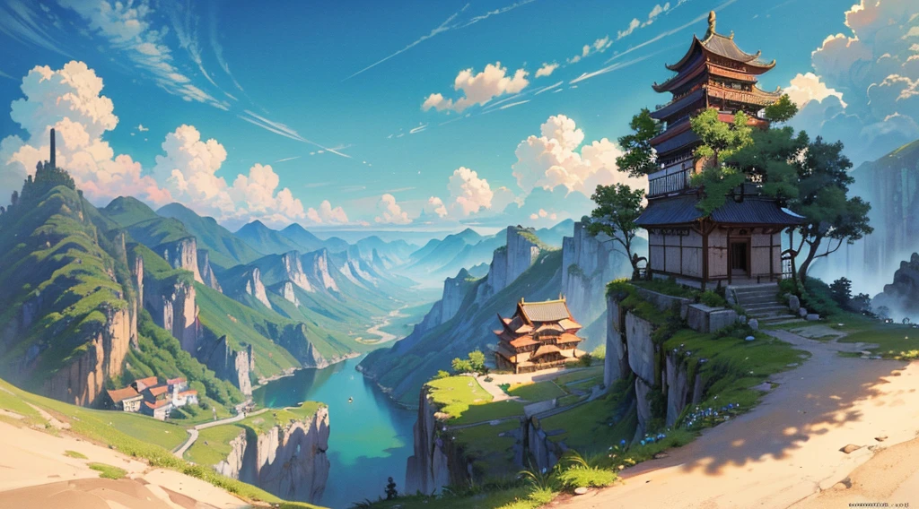 (((8k, RAW photos, best quality, masterpiece: 1.4)))), super high resolution, super detail, illustration, medieval explorer, (man on the cliff: 1.2), ancient Chinese architecture village in the distance, landscape, twisted clouds, well-made sky, Chinese Tang dynasty, magnificent architecture, imagination, outdoors, background only, (Aeria view: 1.2)