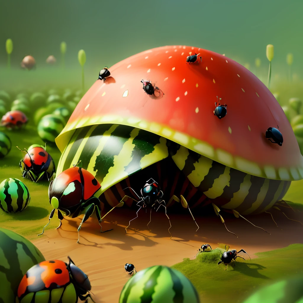 anthill that looks like a watermelon, Ants, insects, ladybugs, garden