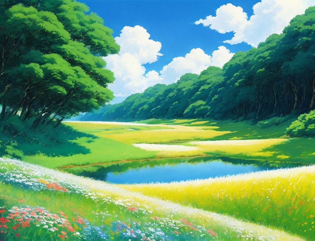 Realistic, authentic, beautiful and amazing landscape oil painting Studio Ghibli Hayao Miyazaki's petal grassland with blue sky and white clouds