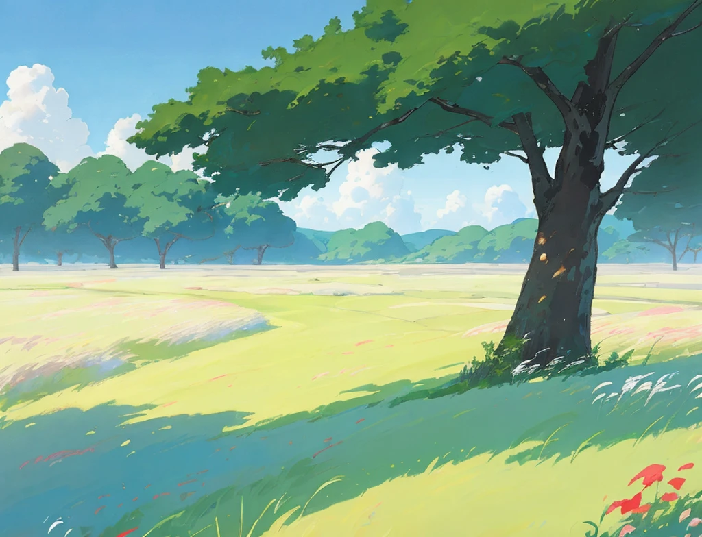 Realistic, authentic, beautiful and amazing landscape oil painting Studio Ghibli Hayao Miyazaki&#39;s petal grassland with blue sky and white clouds