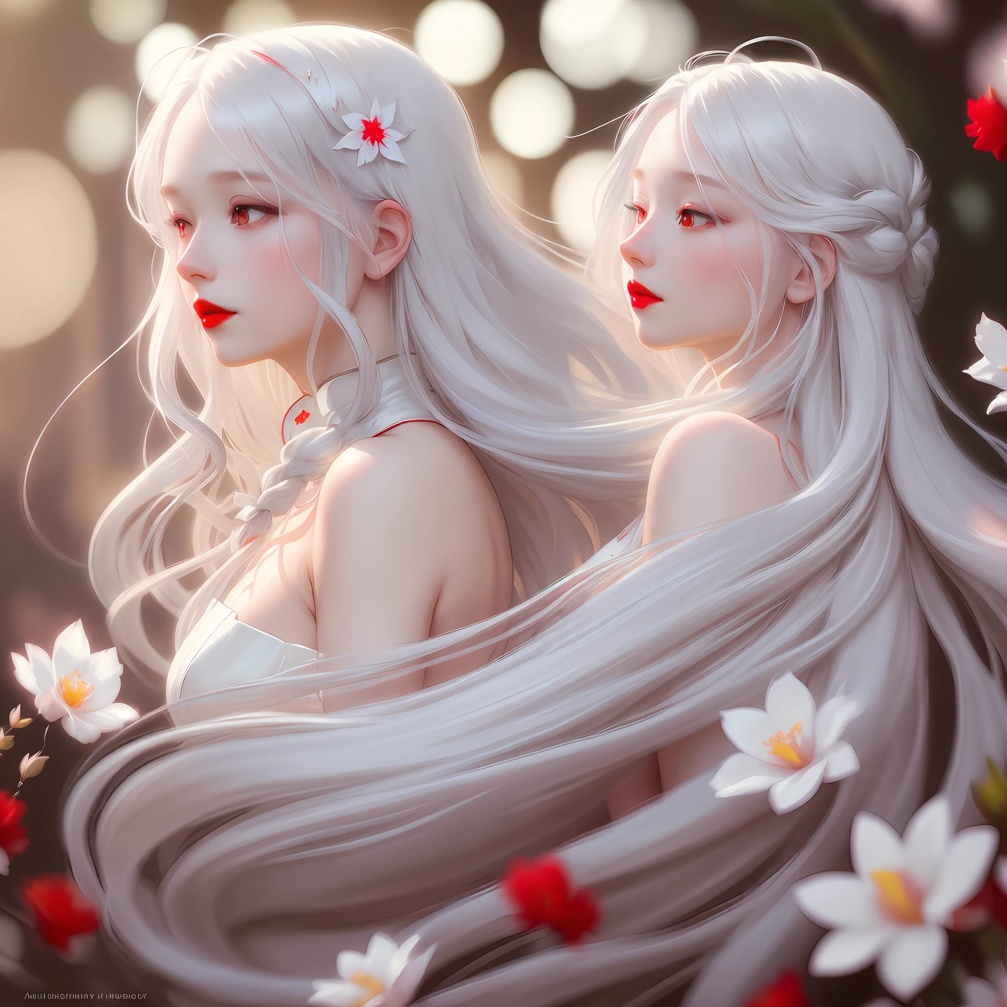 Side face, red lips, silver pupils, messy fluttering hair, long white hair, falling flowers, (backlight), masterpiece, highest quality, lens flare, shadow, bloom, [[chromatic aberration] ], (Alphonse Mucha), Digital painting, white porcelain skin, long fluttering hair, wearing a red cheongsam, upper body