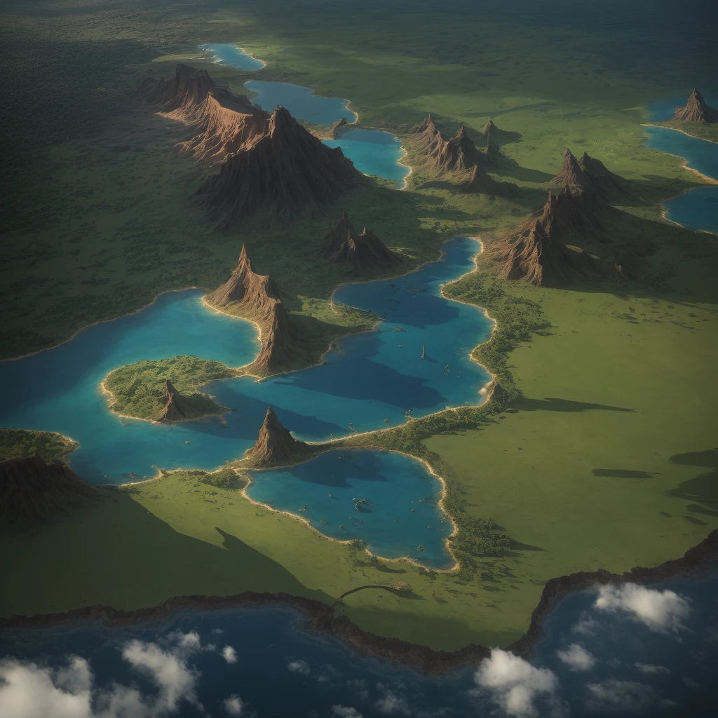 Alafid view of Big Island with river, woods, sandy beaches, grasslands, mesas, mountains, game map mask painting, concept art highly detailed, Final Fantasy VLL world concept, Dota frosted painting concept art, highly realistic concept art, Dota! Matte Painting Concept Art, Highly Detailed Concept Art, Conceptual World Art, Matte Painting Mysterious Dota Pixar, 3D Rendering and Matte Painting, Clean, Clear,