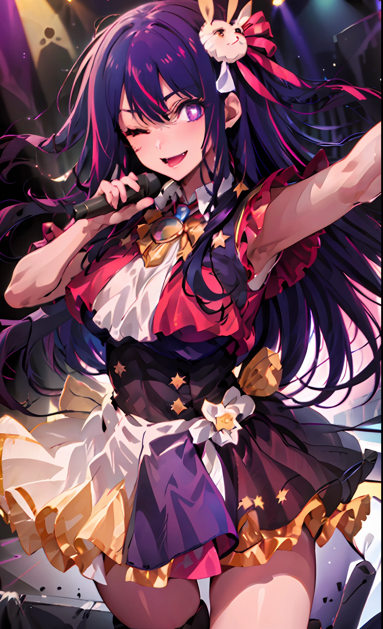 (best quality:1.4, masterpiece, 4k, details), Hoshino Ai, long hair, purple hair, streaked hair ,purple eyes, star-shaped pupils, hair ornament, on stage, smile, right hand pointing at camera, one eye closed, holding a mic with the left hand,close up shot, extremely detailed eyes, glowing eyes, highest quality digital art, Stunning art, wallpaper 4k