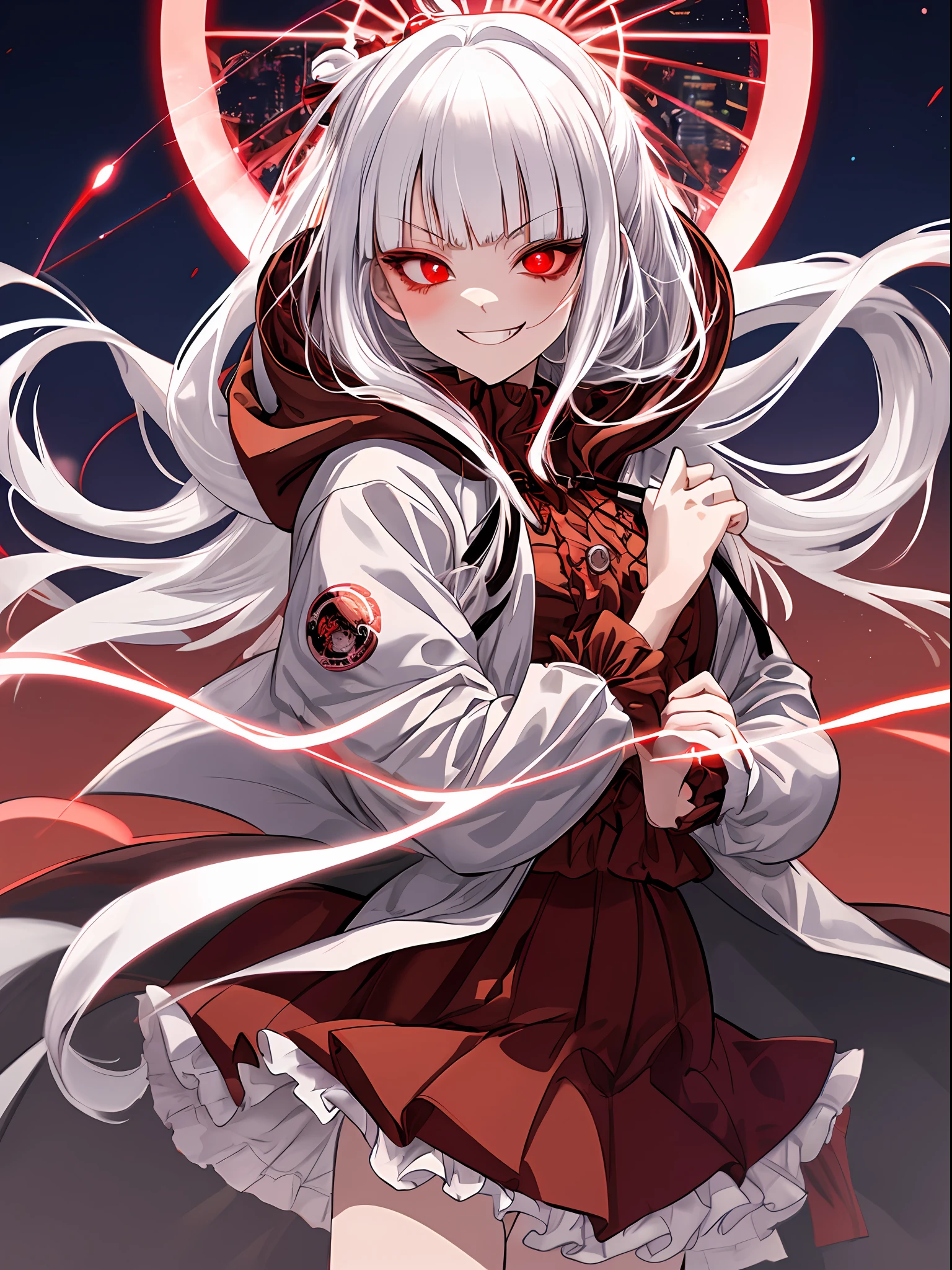 anime girl with white hair and red jacket, windbreaker, hood down, hood, eyepatch, amused expression, smug, smirk, bangs, blunt bangs, frilled skirt, vampire anime girl, white haired deity, with red glowing eyes, best anime 4k konachan wallpaper, zerochan art, white haired, fine details, perfect white haired girl, with glowing red eyes, new york city, new york in background, night time, two arms, two legs