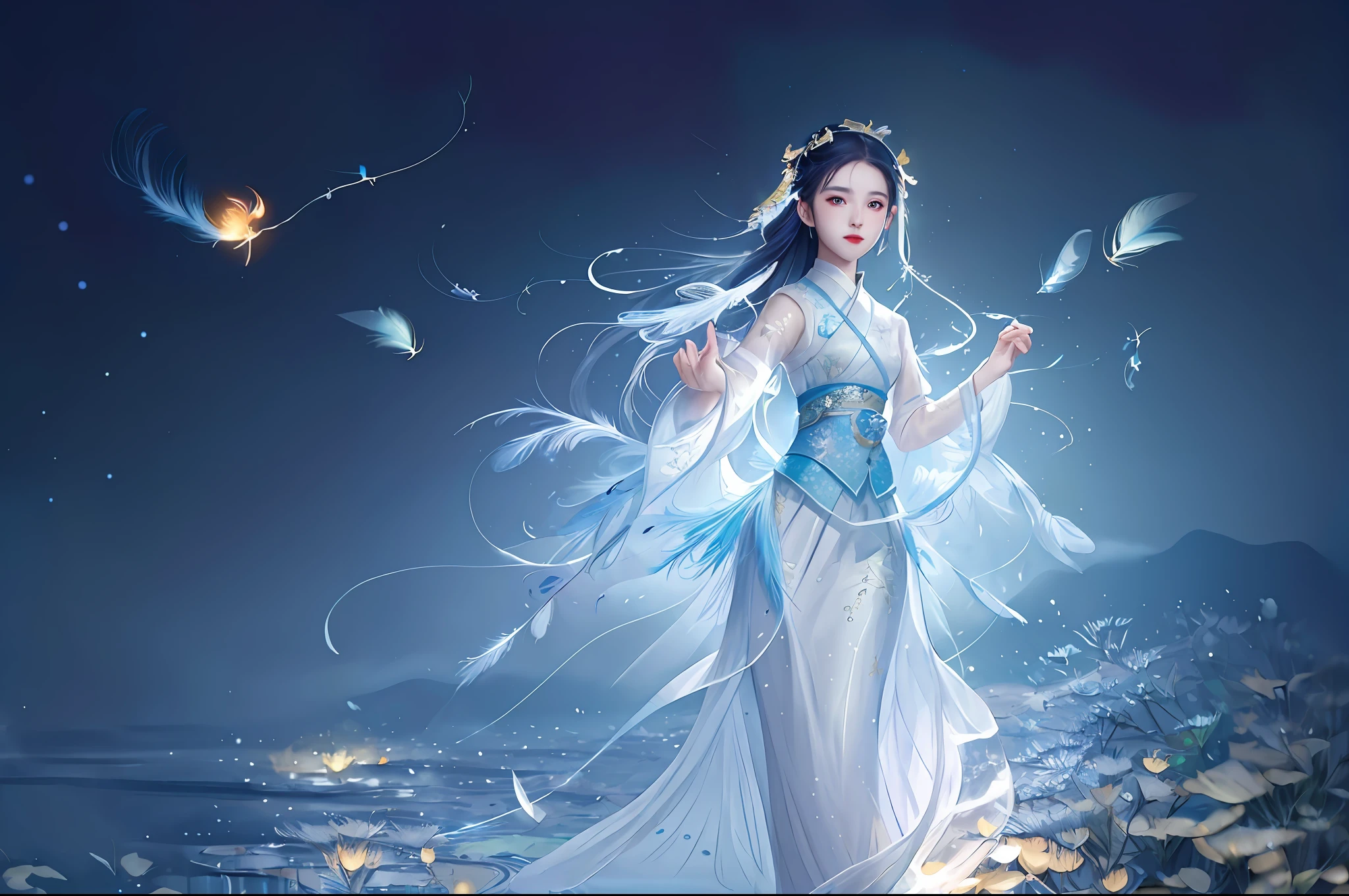 best quality, (masterpiece:1.35), wallpaper, (illustration), original,(depth of field), 1girl, solo,full body,hanfu,chinese clothes,white dress,water,firefly,night,starry sky, jewelry,feathers on dress,peacock feathers, light particles,volumetric lighting,ray tracing,