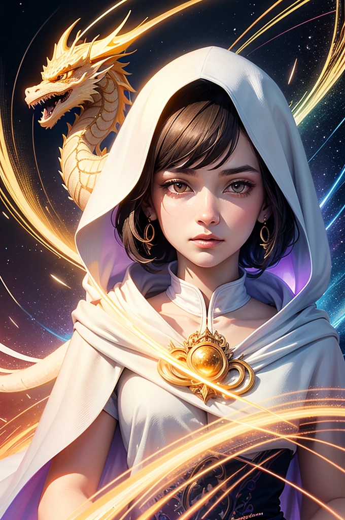 (Masterpiece, Top Quality, Best Quality, Official Art, Beauty and Aesthetics: 1.2), (1girl), Extremely Detailed Eyes, (Fractal Art: 1.3), Colorful, Most Detailed, (Perfect Face), Shiny Skin, HDR, (White Cloak Gold Thread: 1.2), Galaxy River, (Light Pattern), Striking Visual Effects, (Dynamic Stripes, Glow Trajectory: 1.2), Bright Colors, (Phoenix), (Dragon), Glow, Art Portrait,