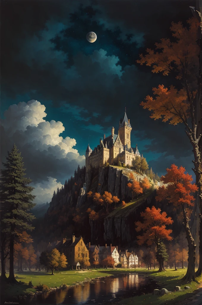Fantastic art, absurdity, high resolution, masterpiece, best quality, Alois Aneg, Antoine Blanchard, castle, forest, sky, night, vampire