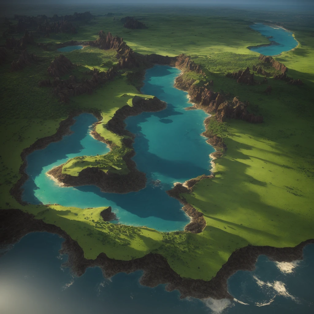 Alafid view of Big Island with river, woods, sandy beaches, grasslands, mesas, mountains, game map mask painting, concept art highly detailed, Final Fantasy VLL world concept, Dota frosted painting concept art, highly realistic concept art, Dota! Matte Painting Concept Art, Highly Detailed Concept Art, Conceptual World Art, Matte Painting Mysterious Dota Pixar, 3D Rendering and Matte Painting, Clean, Clear,