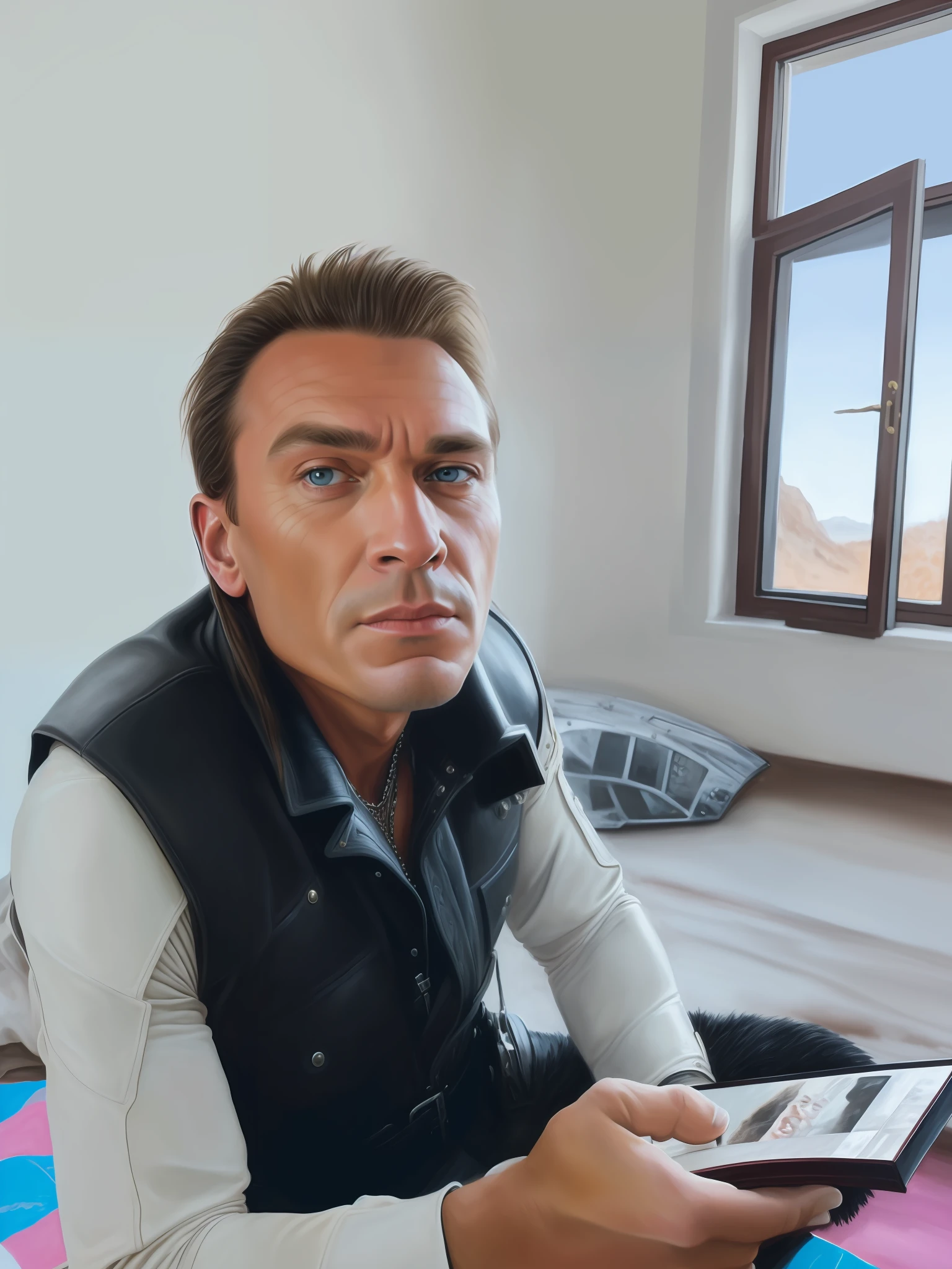 Detailed and realistic hyperdetailed hyperrealism portrait of Arnold Schwarzeneggar as Conan the Barbarian, showcasing his detailed face, striking brown eyes, and the intricate details of his leather and metal armor. Soft cinematic light enhances the scene, drawing inspiration from Enki Bilal and Greg Rutkowski's iconic styles.