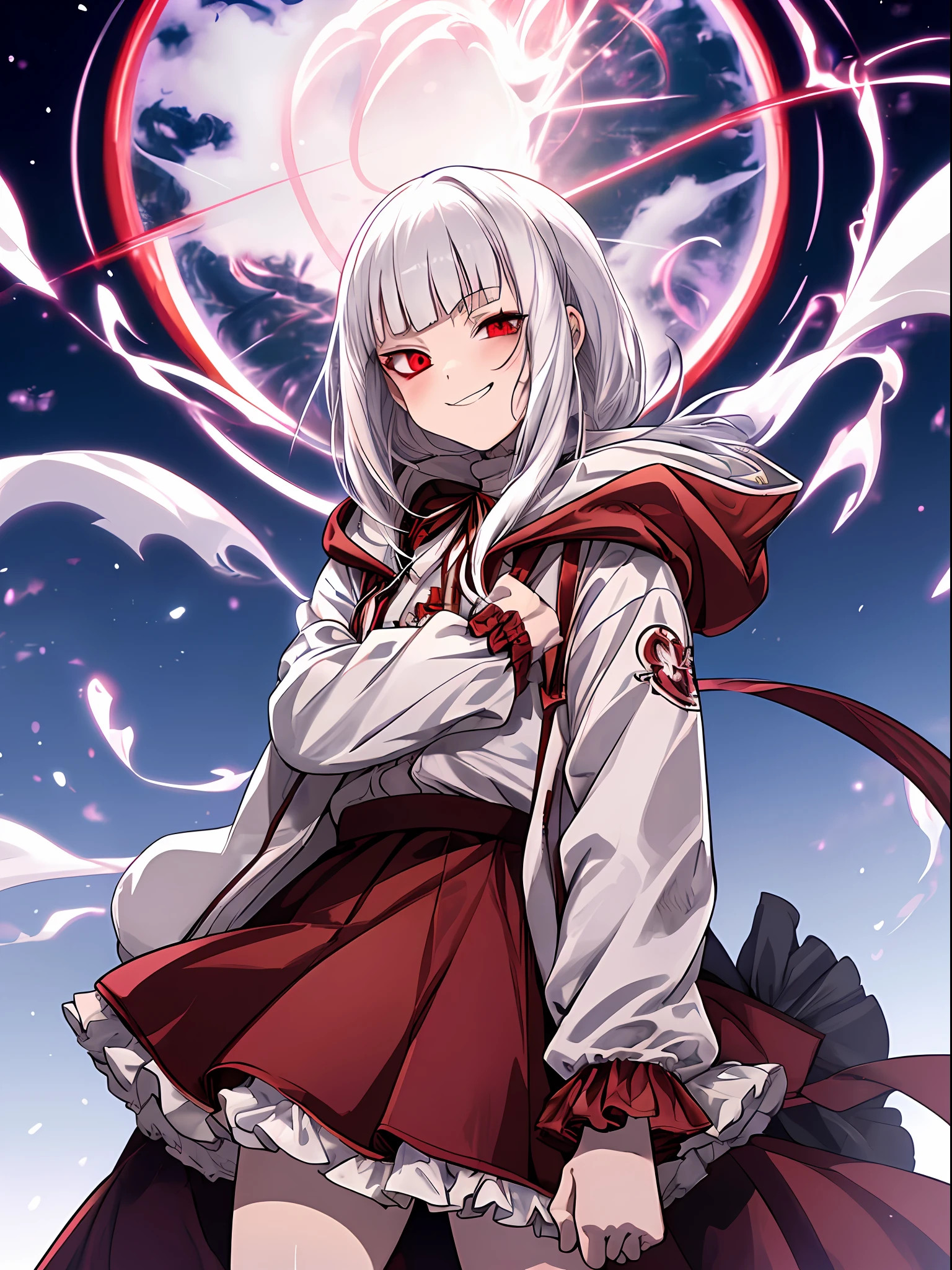 anime girl with white hair and red jacket, jacket, hoodie, windbreaker, hood down, hood, eyepatch left eye, amused expression, smug, smirk, bangs, blunt bangs, frilled skirt, no frills on shirt, flat chest, vampire anime girl, white haired deity, with red glowing eyes, best anime 4k konachan wallpaper, zerochan art, white haired, fine details, perfect white haired girl, with glowing red eyes, new york city, new york in background, night time, two arms, two legs