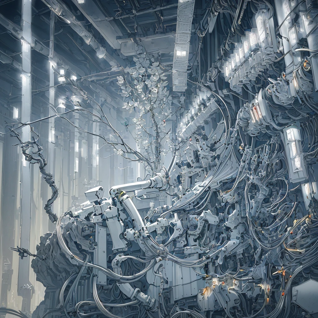 (((masterpiece))), (((best quality))), ((ultra-detailed)), (highly detailed CG illustration), ((an extremely delicate and beautiful)),(from side),cinematic light,((1mechanical girl)),solo,full body,(machine made joints:1.2),((machanical limbs)),(blood vessels connected to tubes),(mechanical vertebra attaching to back),((mechanical cervial attaching to neck)),(sitting),expressionless,(wires and cables attaching to neck:1.2),(wires and cables on head:1.2)(character focus),science fiction,white background, extreme detailed,colorful,highest detailed