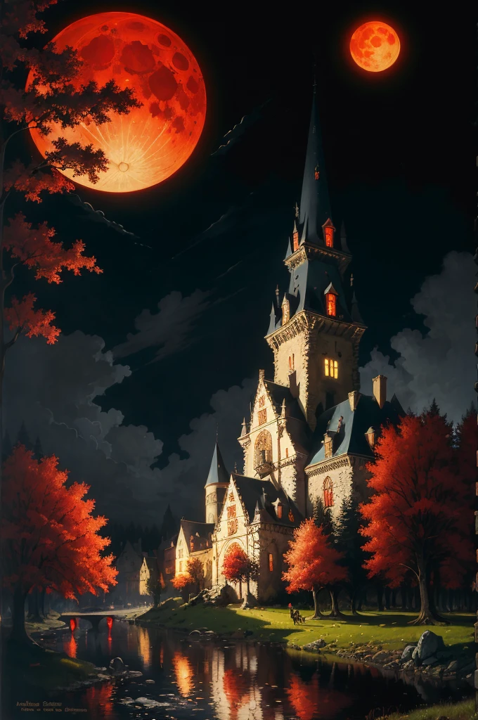 Fantastic art, absurdity, high resolution, masterpiece, best quality, Alois Arneg, Antoine Blanchard, castle, forest, big red moon, night, vampire