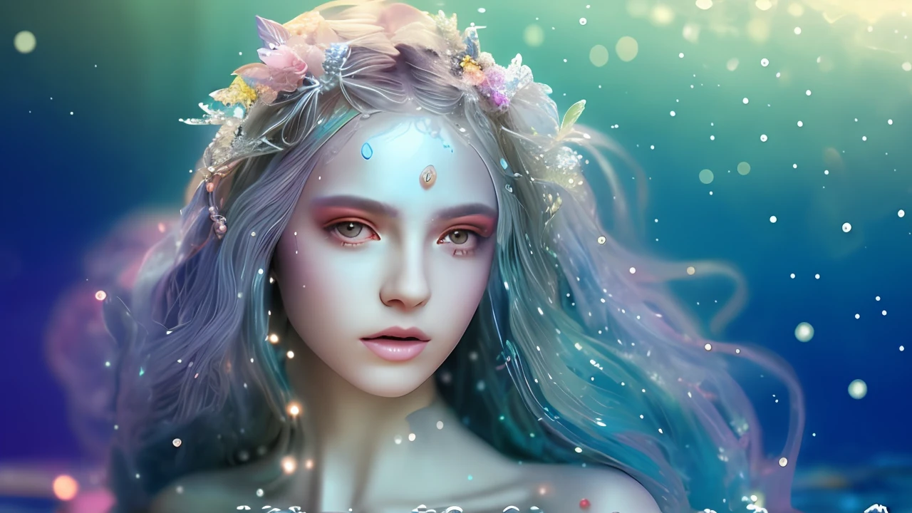 Beautiful girl in a seaweed dress, but in the water, rough waves, long blue hair, rainbow, bokeh, sun glare, fantasy art, perfectly lit face, intricate led jewellery, artificial intelligence princess, glowing with silver light, light makeup, a still of an ethereal, glitter accents on figure, detailed glowing head