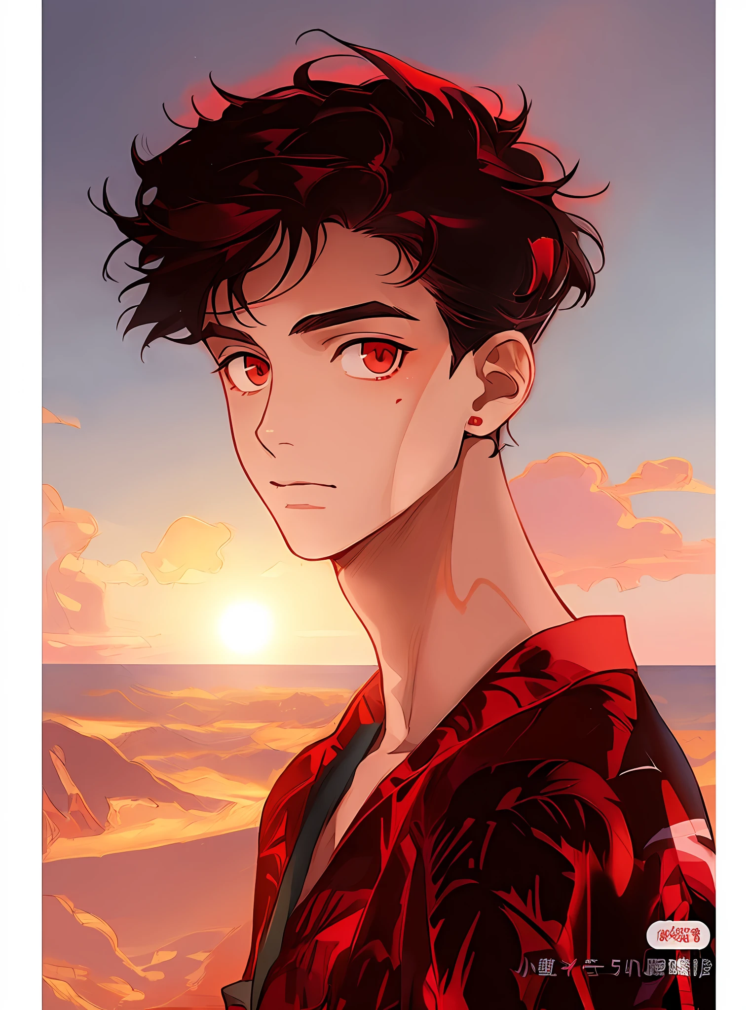 anime boy with red eyes and a red shirt on a beach, handsome guy in demon slayer art, anime style portrait, anime portrait of a handsome man, ((sunset)), kentaro miura manga art style, high quality fanart, anime handsome man, kentaro miura art style, digital anime illustration, official art, inspired by Itō Ogura Yonesuke