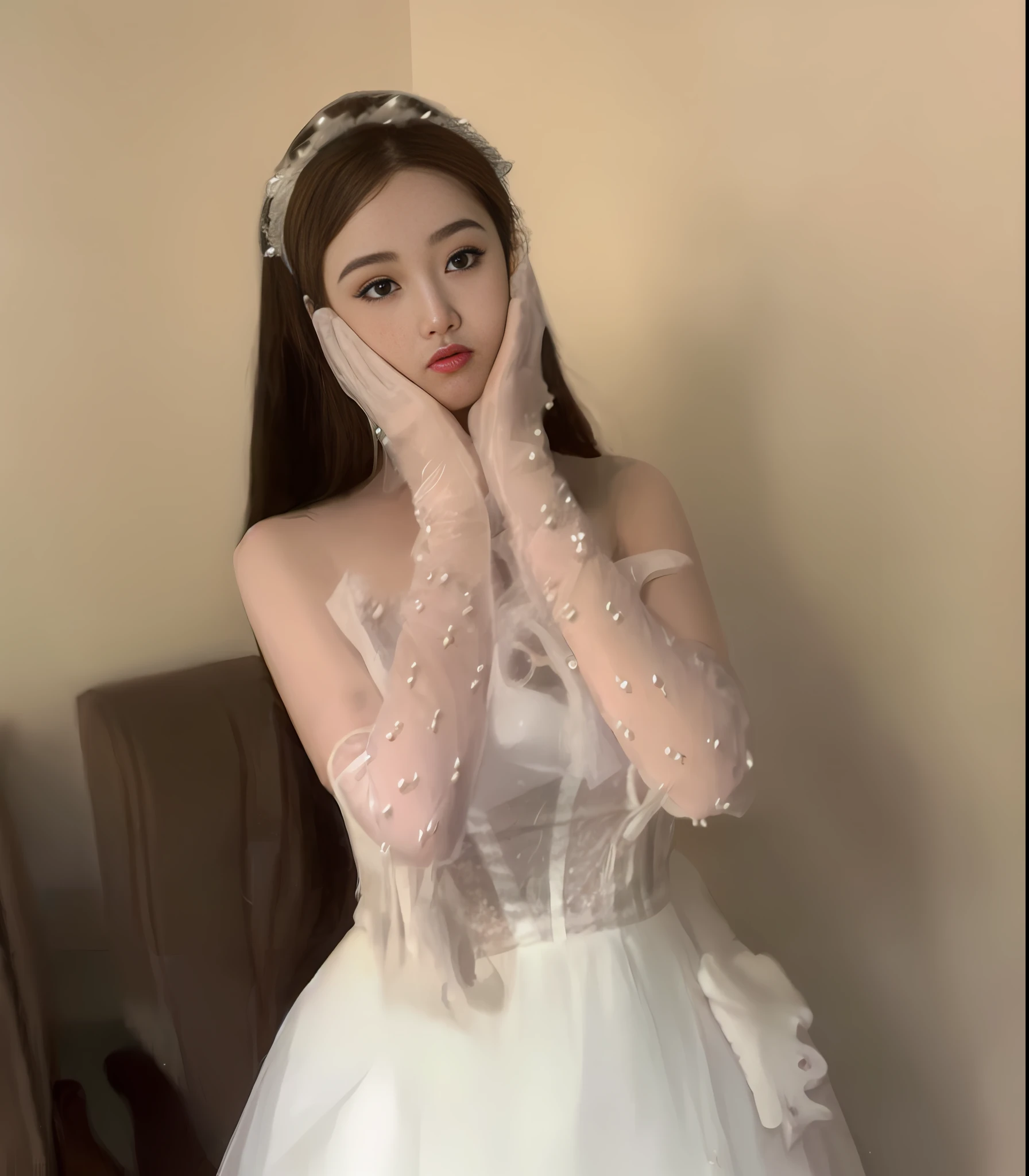 araffe woman in a white dress and a tiable holding her hands to her face, white long gloves, dilraba dilmurat, 👅 👅, belle delphine, ulzzang, lalisa manobal, sha xi, white sleeves, cai xukun, white gloves, twintails white_gloves, elegant hand