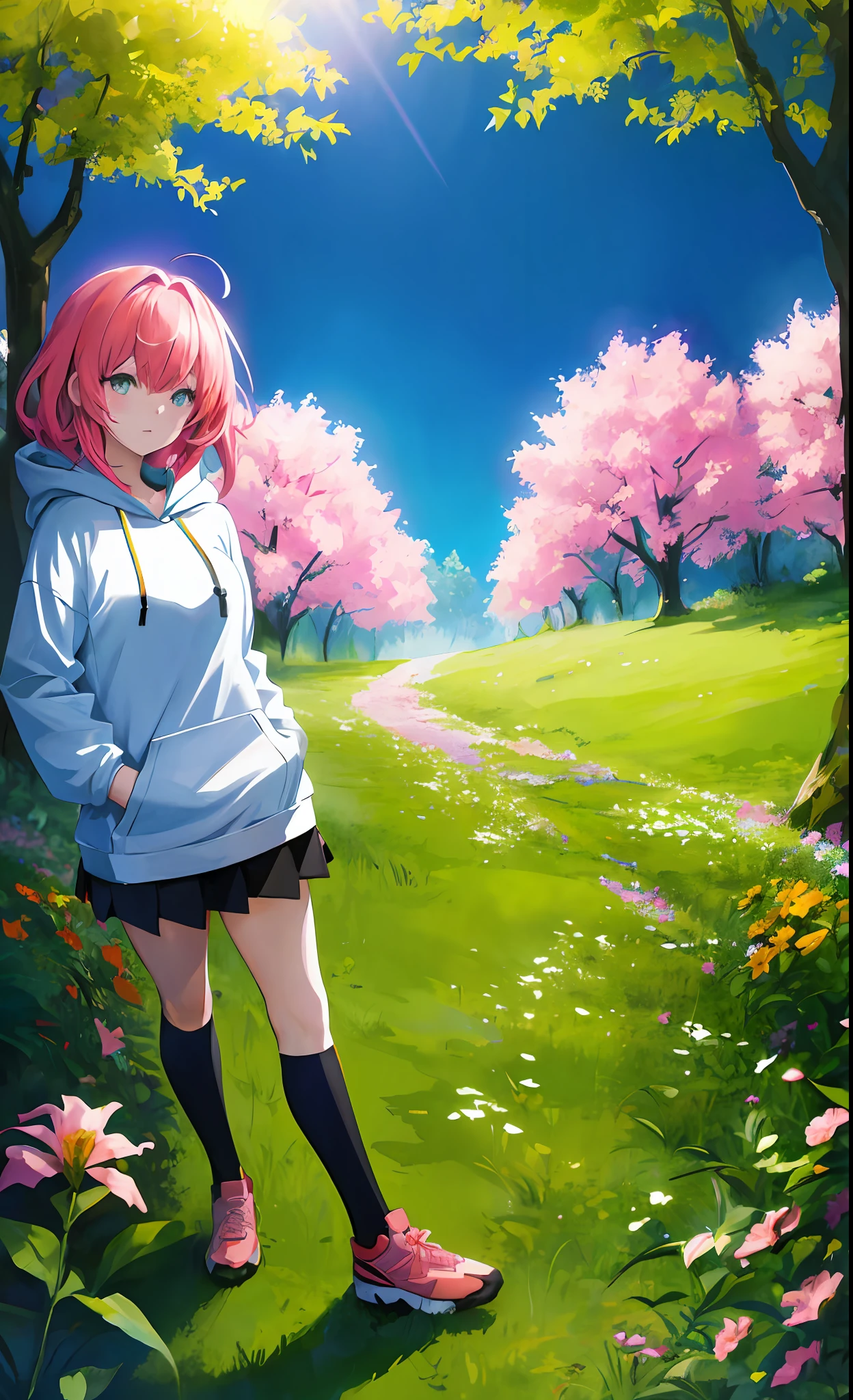 Anime girl,wearing a hoodie, surrounded by flowers,sunny,trees, forest,highest quality digital art, Stunning art, wallpaper 4k,8k,64k, HD, unparalleled masterpiece, dynamic lighting, cinematic, epic