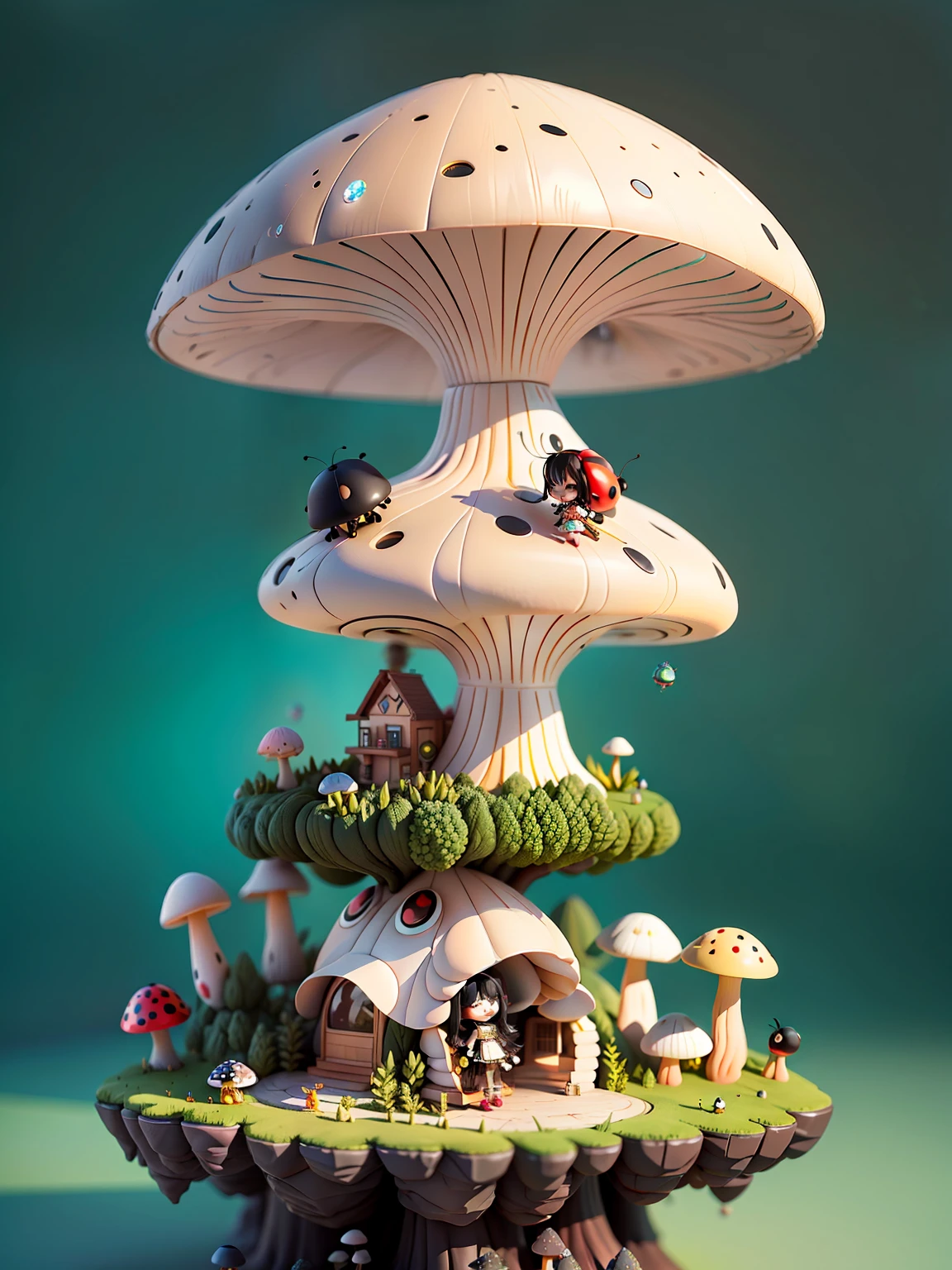 (masterpiece),(best quality),(ultra-detailed), (full body:1.2),
1girl,chibi,cute, smile, black hair, rides a crystal ladybug, in a future mushroom city