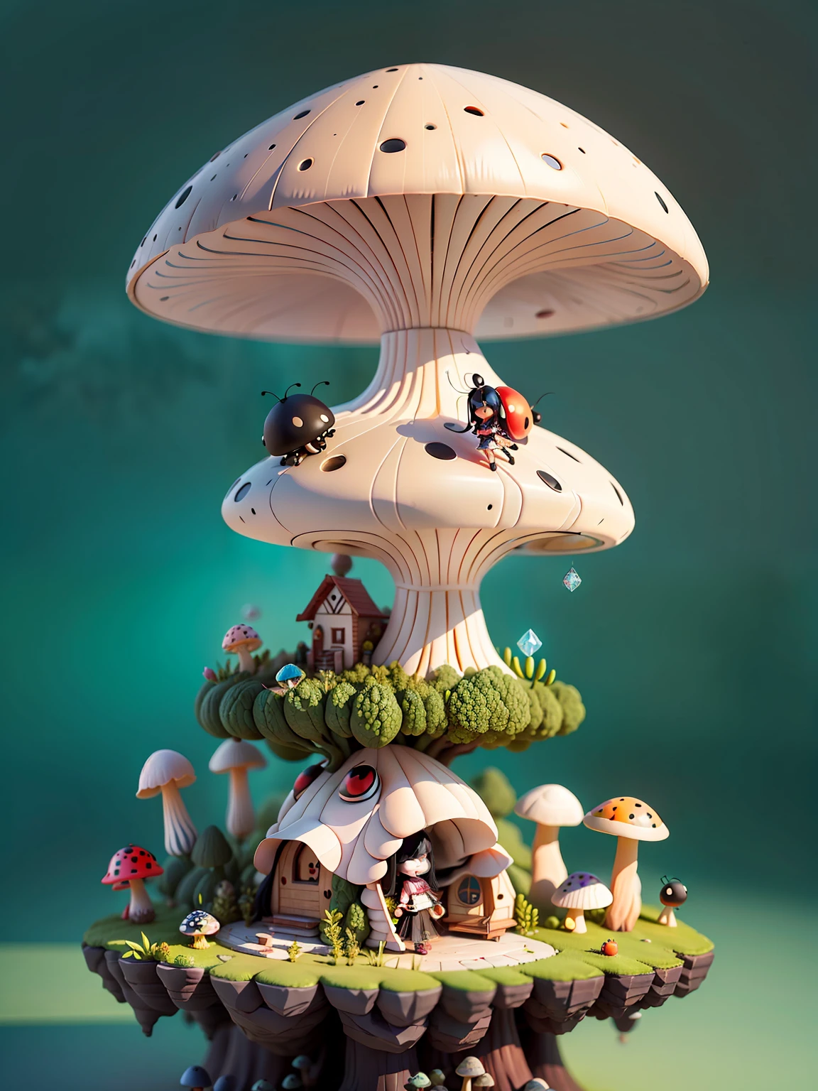 (masterpiece),(best quality),(ultra-detailed), (full body:1.2),
1girl,chibi,cute, smile, black hair, rides a crystal ladybug, in a future mushroom city