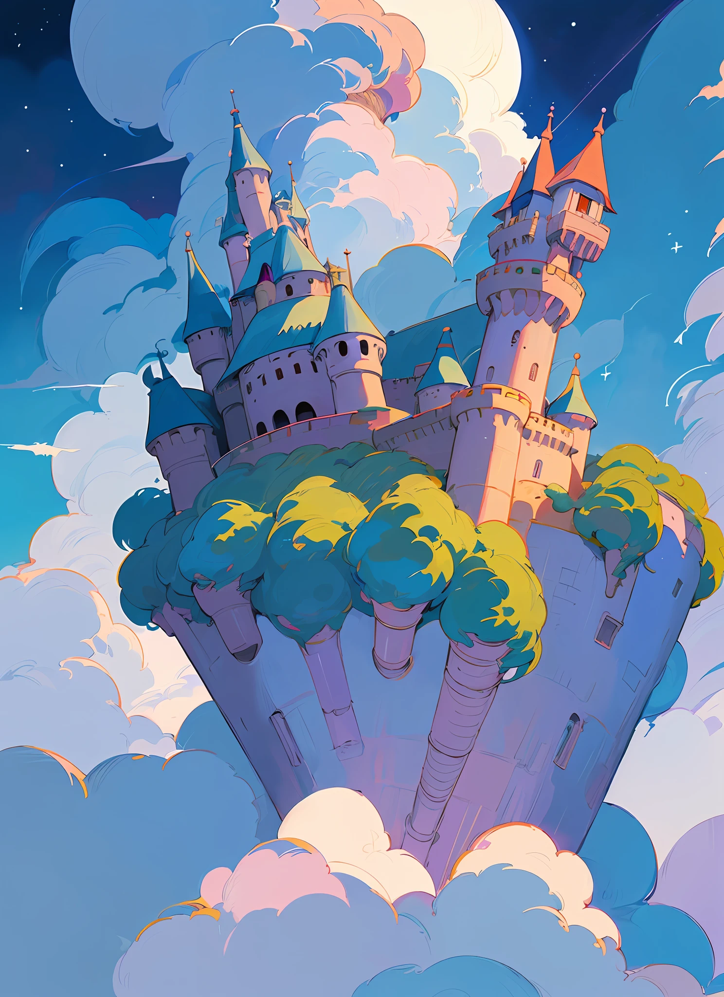 a close up of a castle in the sky with a sky background, howls moving castle, howl\'s moving castle at night, howl’s moving castle, howl's moving castle, miyazaki's animated film, moving castle, ghibli moebius, studio ghibli scheme, style of hayao miyazaki, studio ghibli concept art, in the studio ghibli anime film