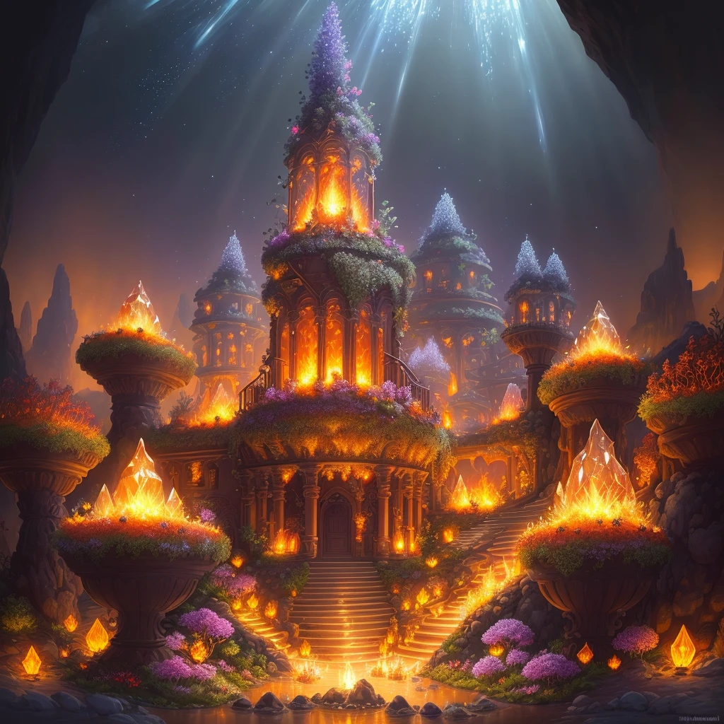 (masterpiece, best quality, beautiful and detailed illustration), fire and lava anthill crystal factory, sparkling and colorful crystals, warm ambience, bright reflections, exceptional view, great depth of field, extravagant floral elements, butterflies and insects in flight, mysterious plants growing in the crystal clear soil, sparkling starry sky, and a diffused light that illuminates the landscape.