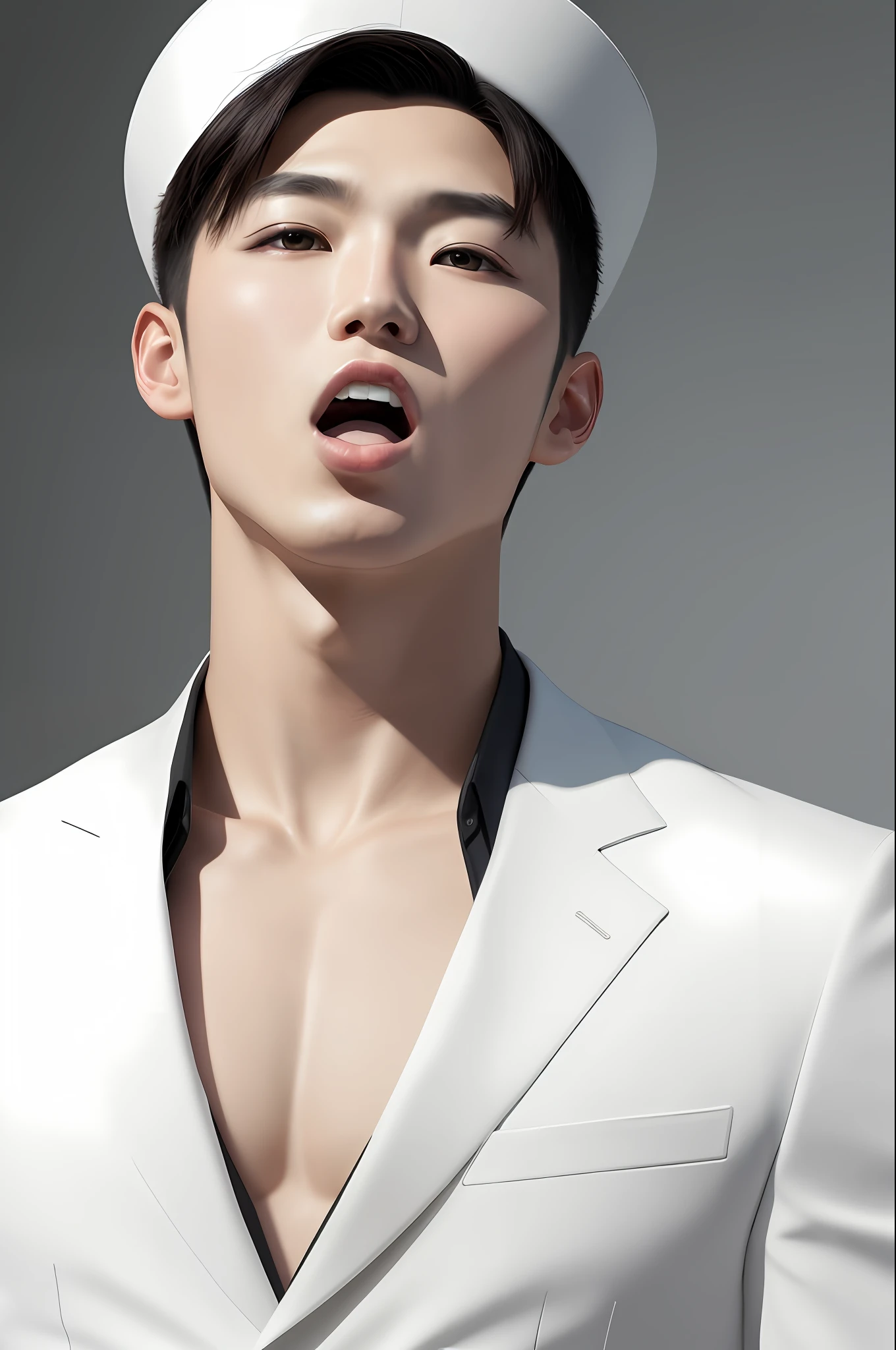 oppav3, (masterpiece, ultra quality, high resolution, 8k, intricate: 1.2), (detailed face:1.2), handsome, Young Korean man ,white skin, double eyelids , detailed skin, 1boy, ((realistic)) good lighting quality, ((pale skin)),front facing, , (open mouth and tongue out:1.2), (ultra realistic:1.2), (close-up photo:1.1), lust face, (eyes looked up:1.4) ,