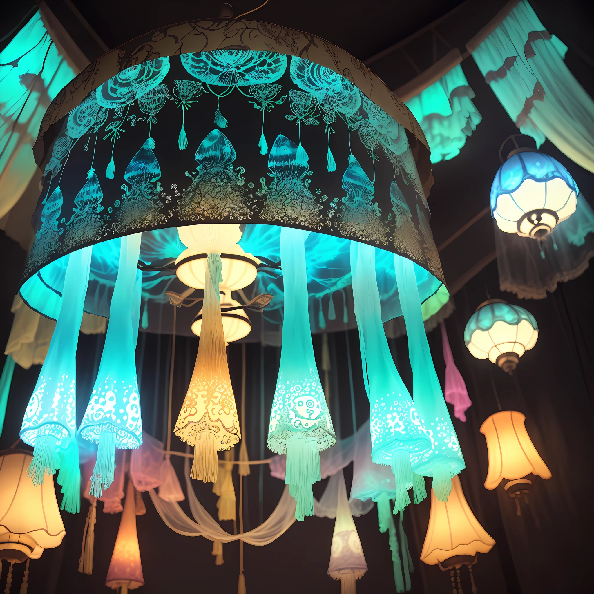 Lamp made of jellyfish lampshade, turquoise, ink smudge, tie-dye fabric, art lamp, super high texture, photographic texture, pure black background --ar 9:16 --q 2 --v 5