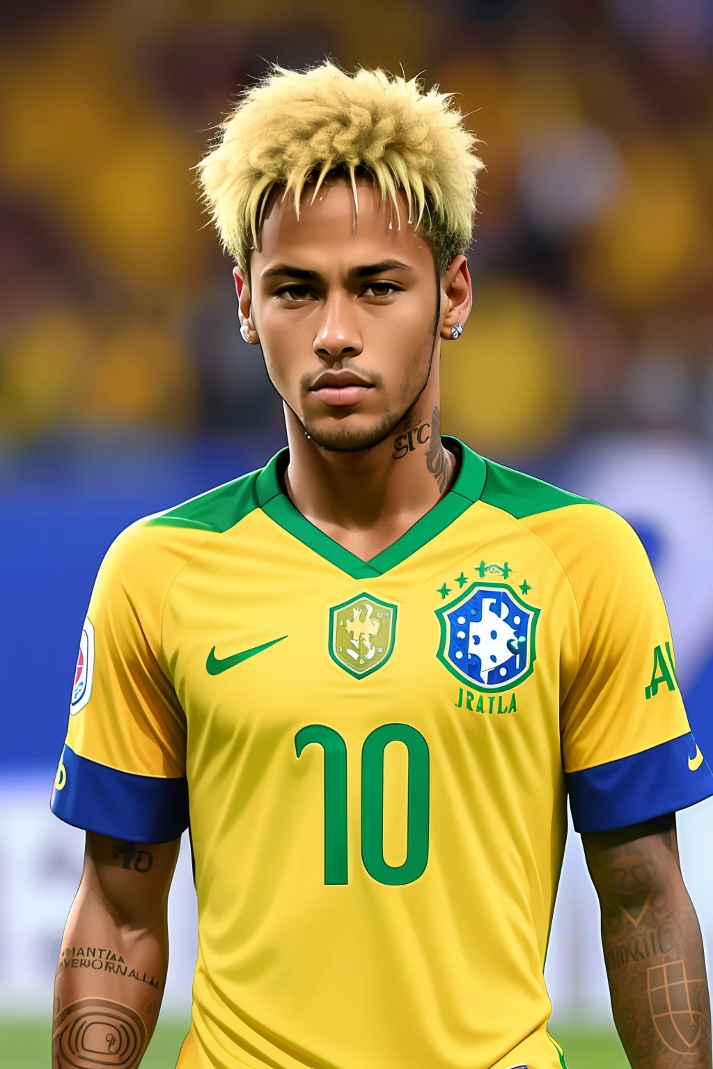 neymar, jultra realistic shirt of Brazil on the field, looking at the camera