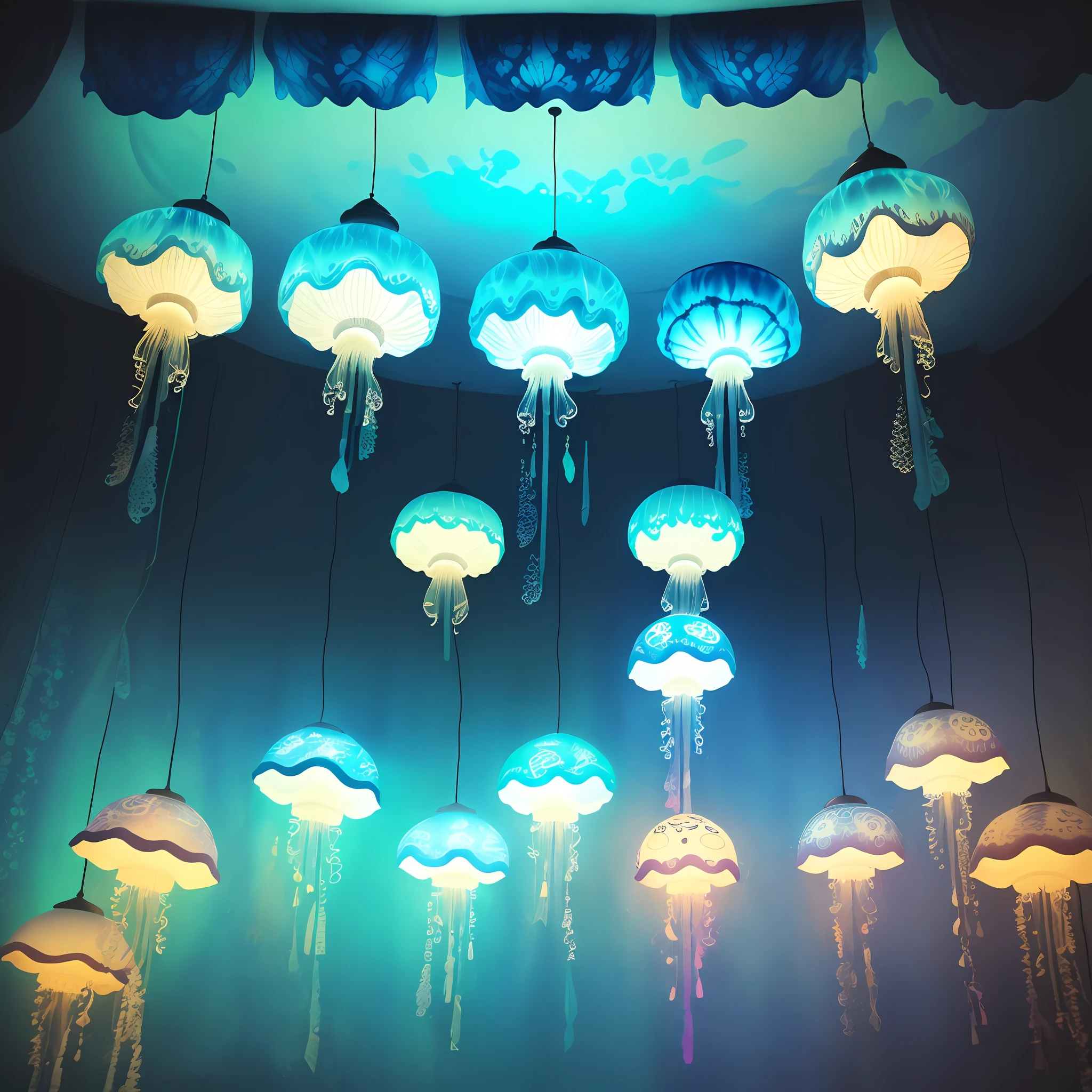 Jellyfish lampshade, turquoise, ink smudge, tie-dye fabric, art lamp, super high texture, photographic texture, lamp made of dark blue background --ar 9:16 --q 2 --v 5