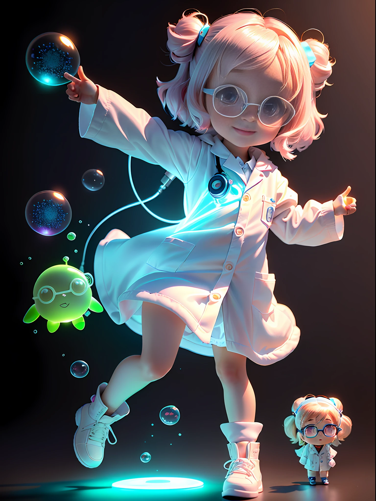 Super cute girl full body 3D picture, 1pc, good looking eyes, big eyes, cute, happy, c4d, pop matt blind box, glowing bubbles, toys, solid color background, chibi, fluorescent translucency, luminescence, kawaii, doll, (((scientist, with glasses, white lab coat))), reference table, pop mart blind box, Pixar, intricate details, 3d rendering, blender, OC renderer, fol body reference sheet, Dribble, High Details, 8K, Studio Lighting, Loli, Petite, Child, Chibi, SD characters: 1.1, Magic Lab background