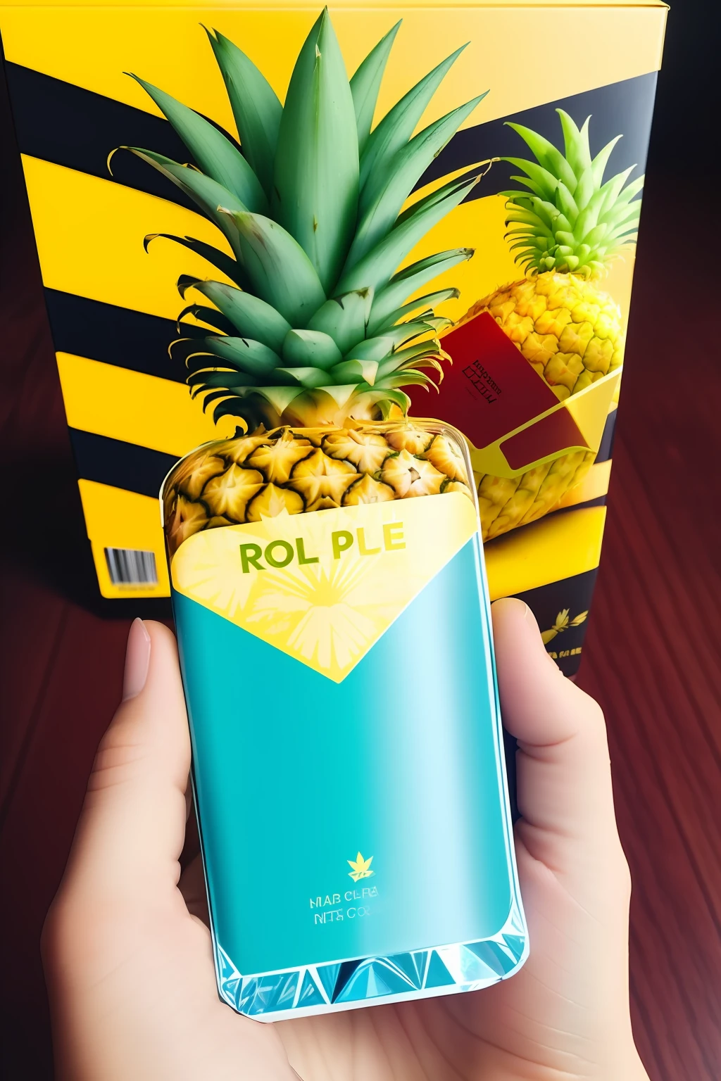 someone holding a bottle of pineapple ice in their hand, a picture by Robert Richenburg, reddit contest winner, process art, holding a small vape, #oc, # oc, pineapple, mmmmm, still in package, shot on 1 6 mm, holding hot sauce, nug pic, pineapples, official product photo, very detailed labeling, in the original box