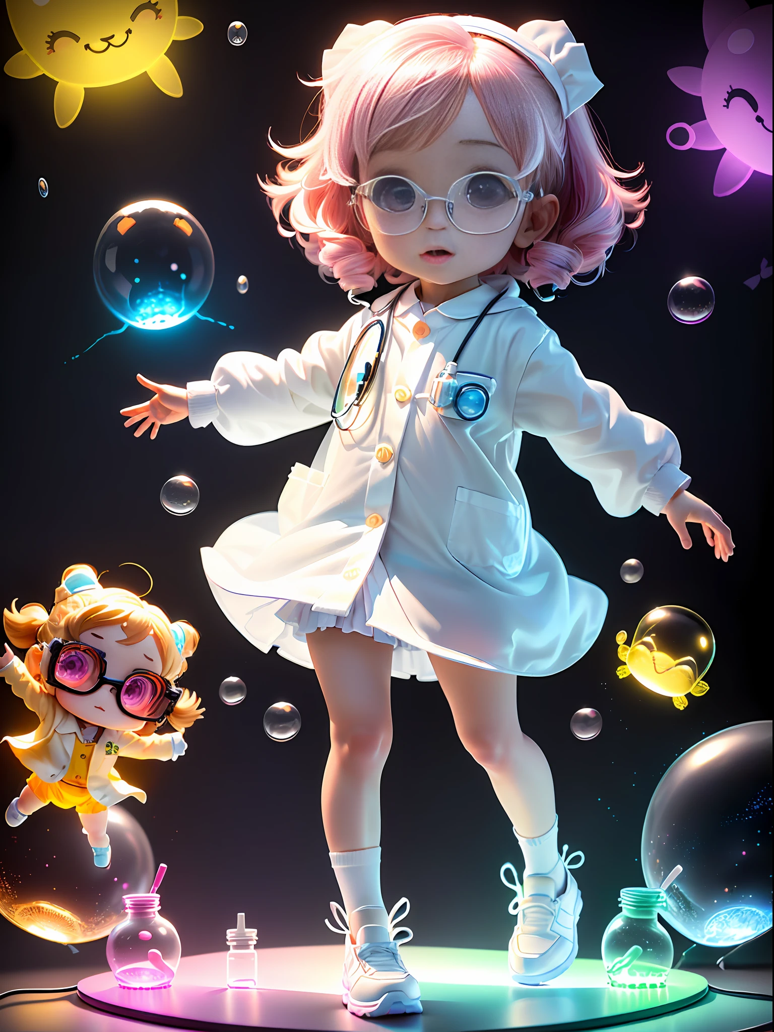 Super cute girl full body 3D picture, 1pc, good looking eyes, big eyes, cute, happy, c4d, pop matt blind box, glowing bubbles, toys, solid color background, chibi, fluorescent translucency, luminescence, kawaii, doll, (((scientist, with glasses, white lab coat))), reference table, pop mart blind box, Pixar, intricate details, 3d rendering, blender, OC renderer, fol body reference sheet, Dribble, High Details, 8K, Studio Lighting, Loli, Petite, Child, Chibi, SD characters: 1.1, Magic Lab background