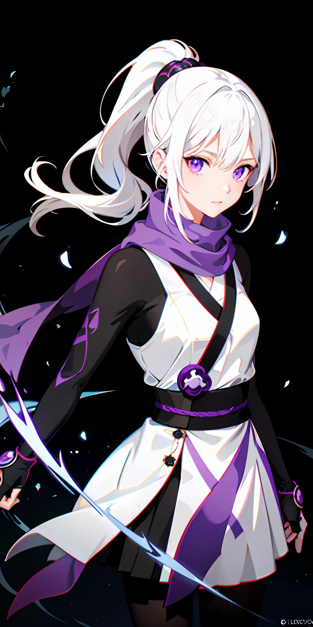 upper body, 1girl, white hair, ponytail, purple eyes, (ninja), short sword, medium breats ,scarf, wallpaper, magic circle background, light particles, blue fire,